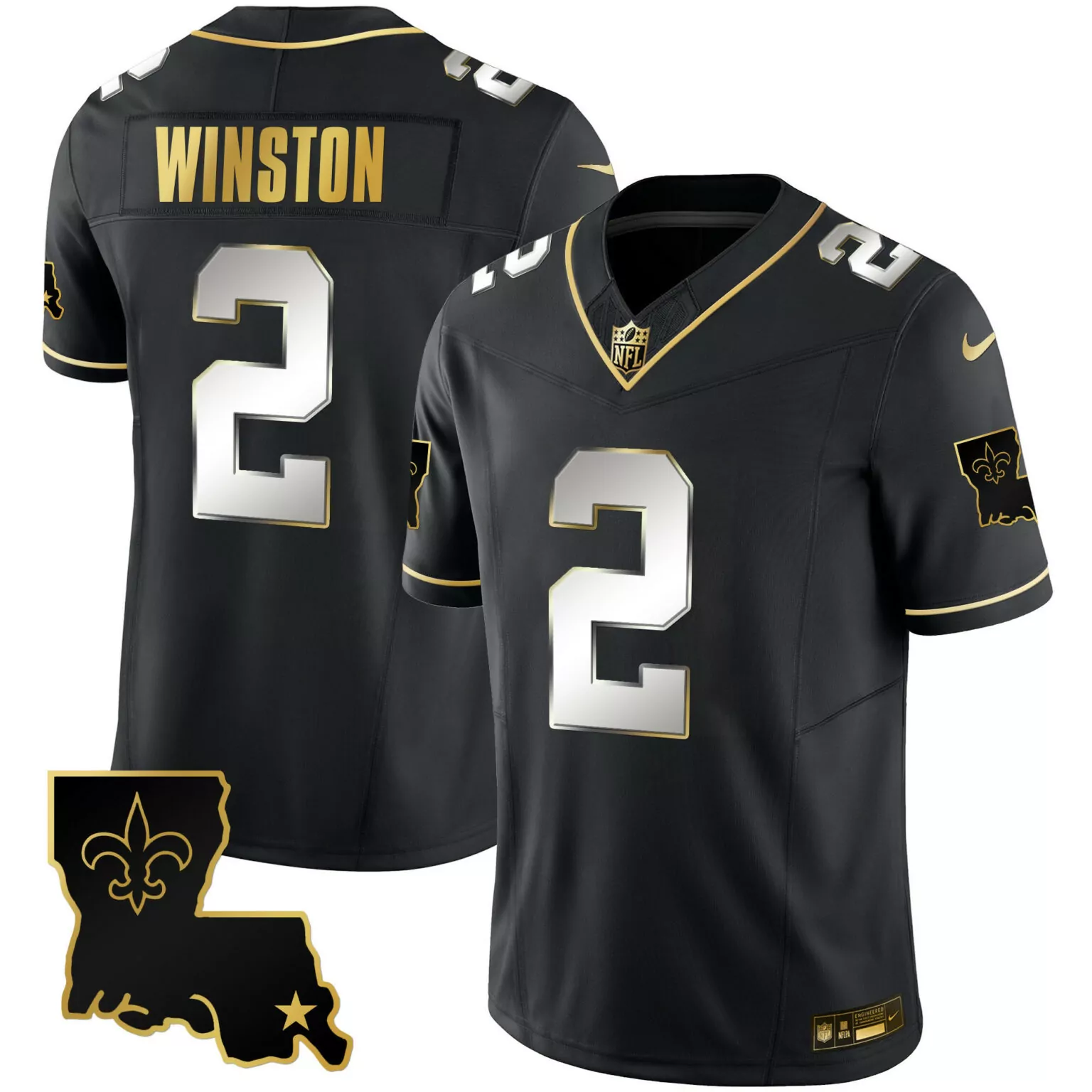 Jameis Winston 2 Jersey Black New Orleans Saints Louisiana Outline Fleur-de-lis Men