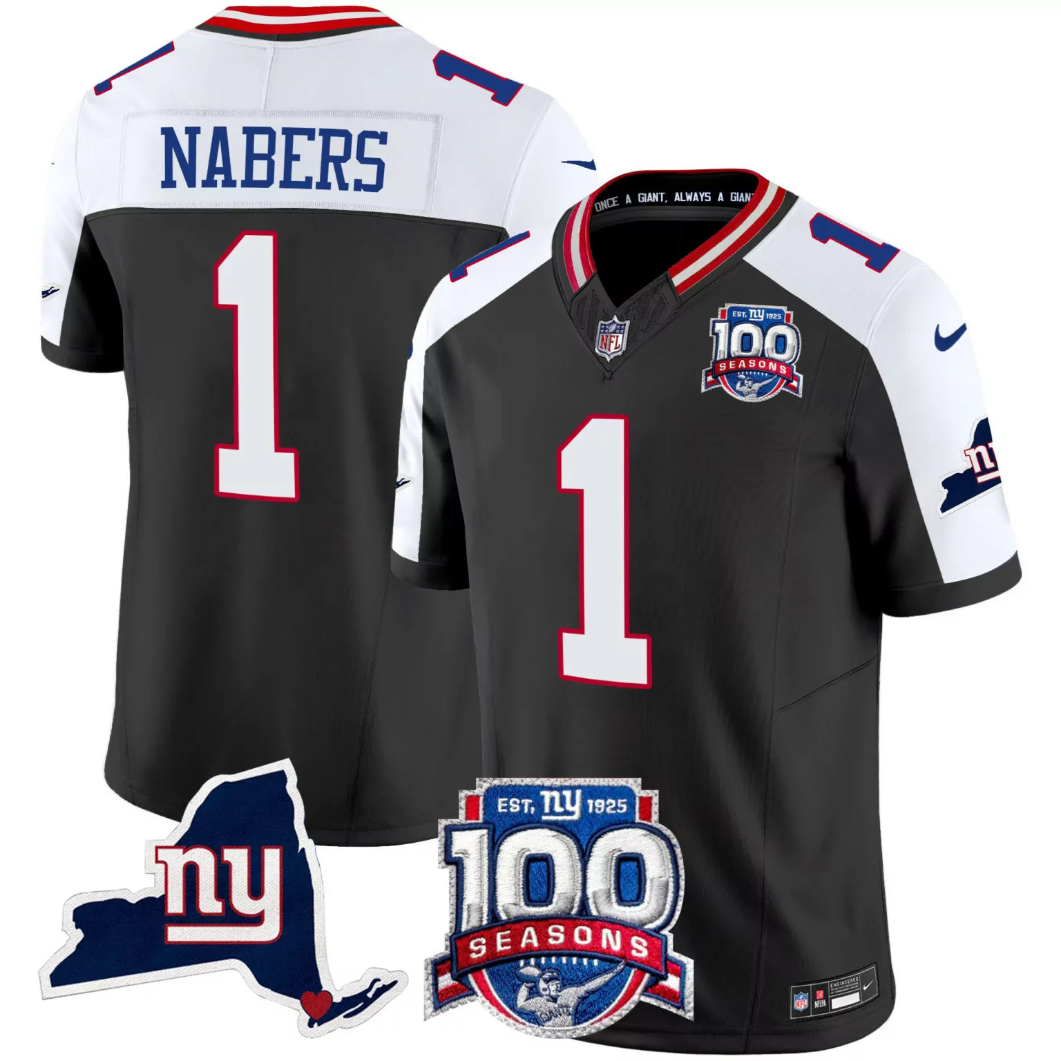Malik Nabers 1 New York Giants Jersey Black 100th Season 100 Seasons NY State Outline 'ny'
