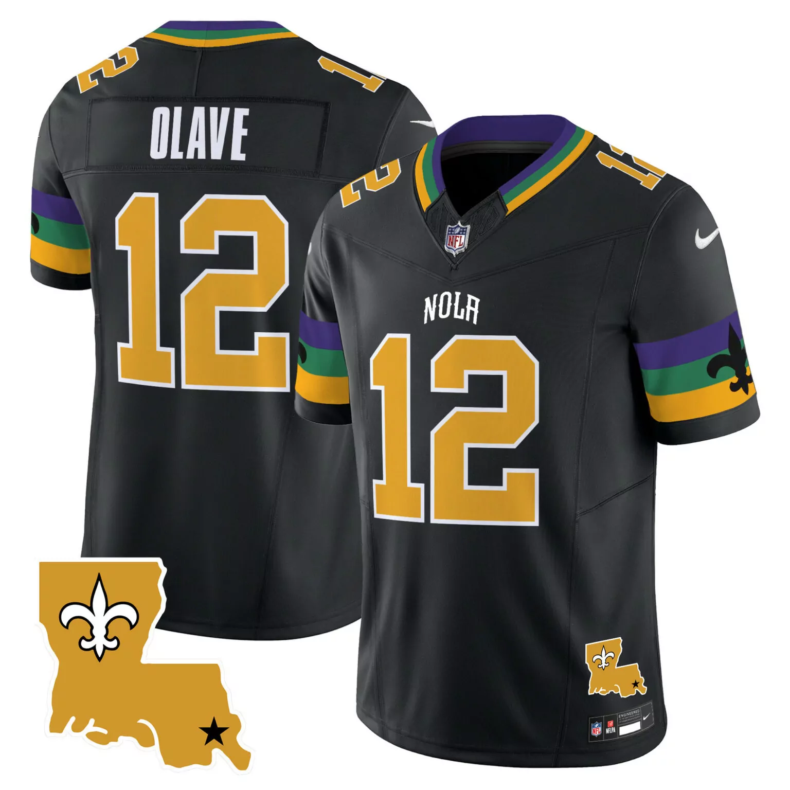 Chris Olave 12 New Orleans Saints Jersey Black Nflpa Men Gold Purple Green All Stitched