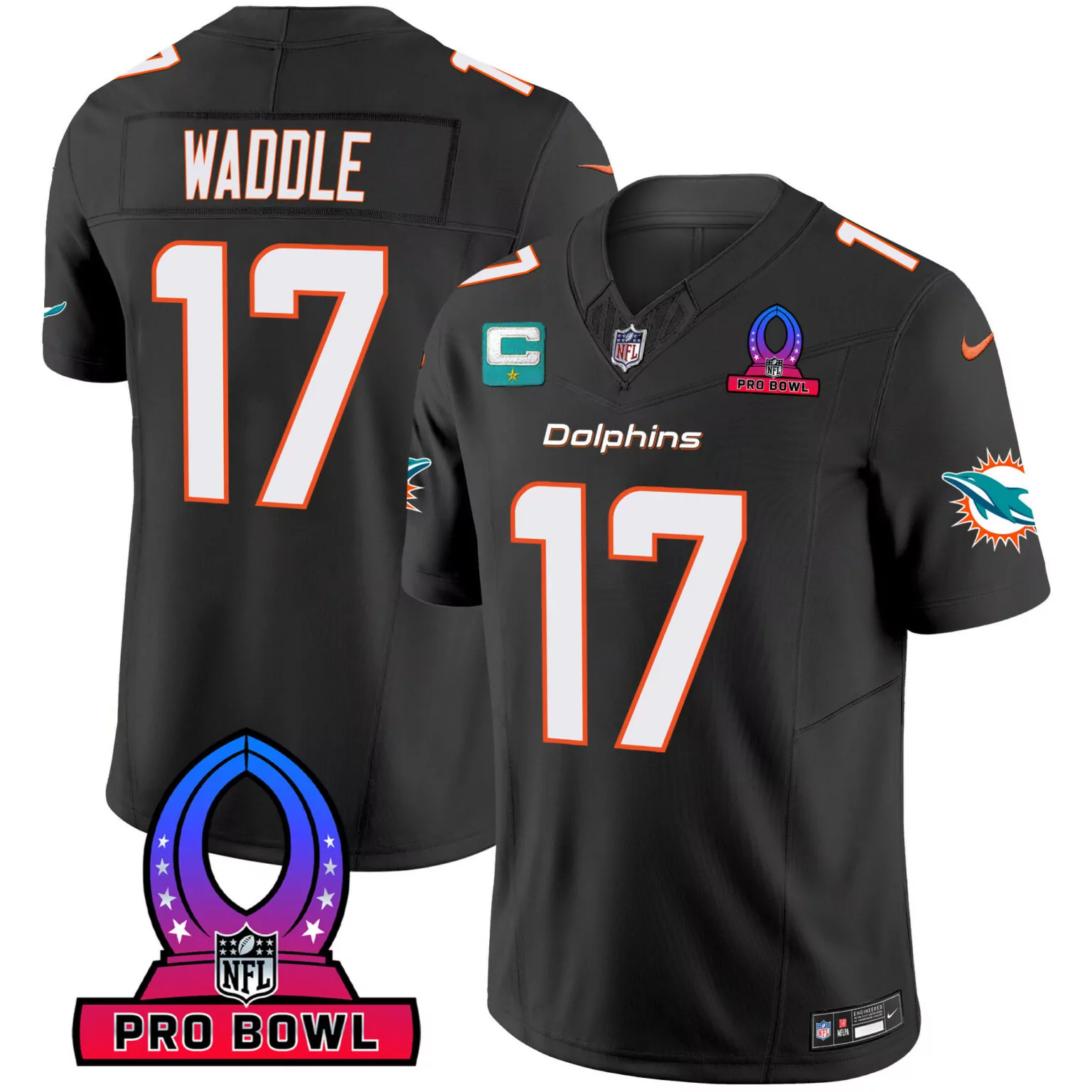 Jaylen Waddle 17 Dolphins Jersey Black Pro Bowl Men Official White Orange All Stitched
