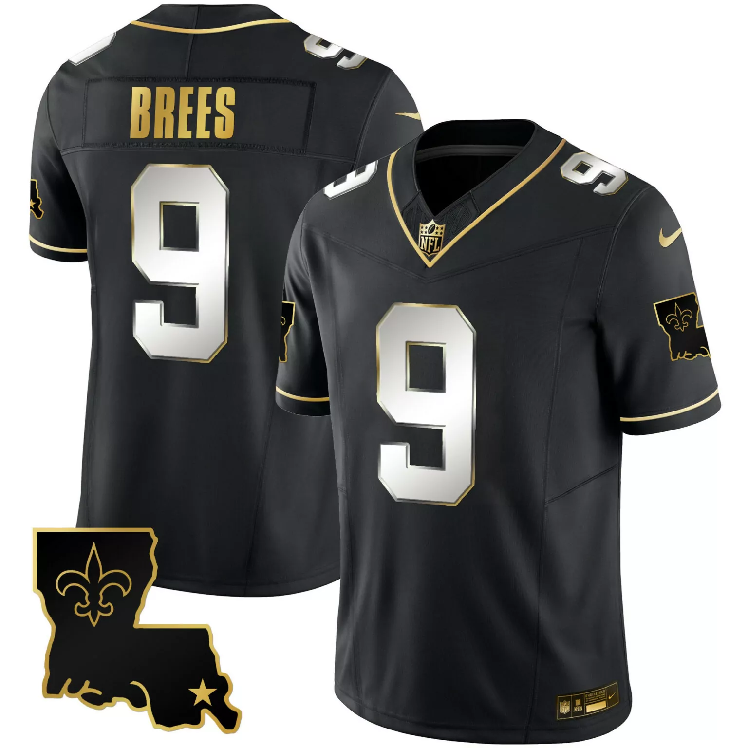 Drew Brees 9 New Orleans Saints Jersey Black Louisiana Outline Patch Men Player Gold