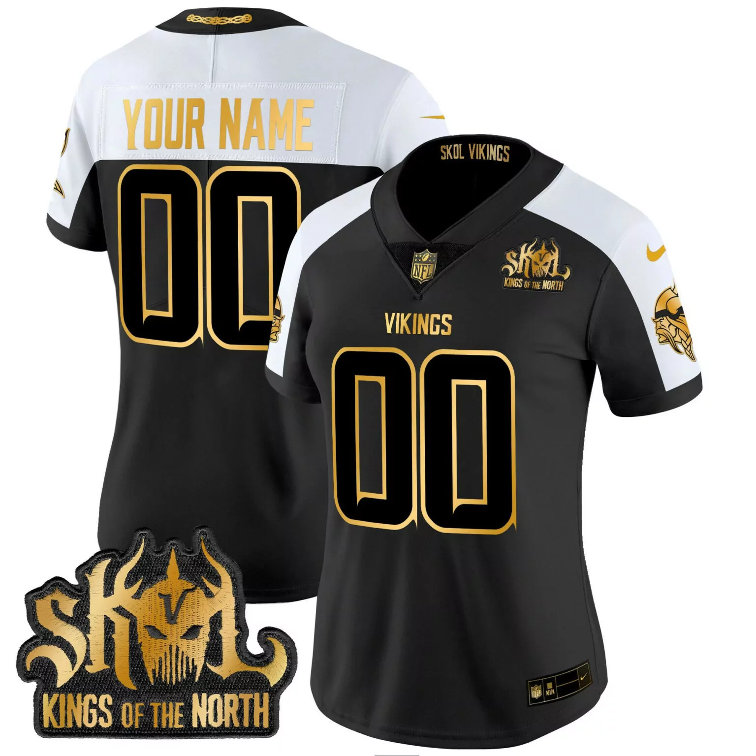 Custom Vikings Jersey Black Skol Kings Of The North Men Split Design White Gold Alternate