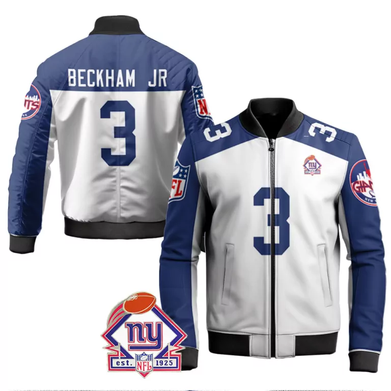 Odell Beckham 3 New York Giants Jersey White NY Men Bomber Jacket Split Design Blue