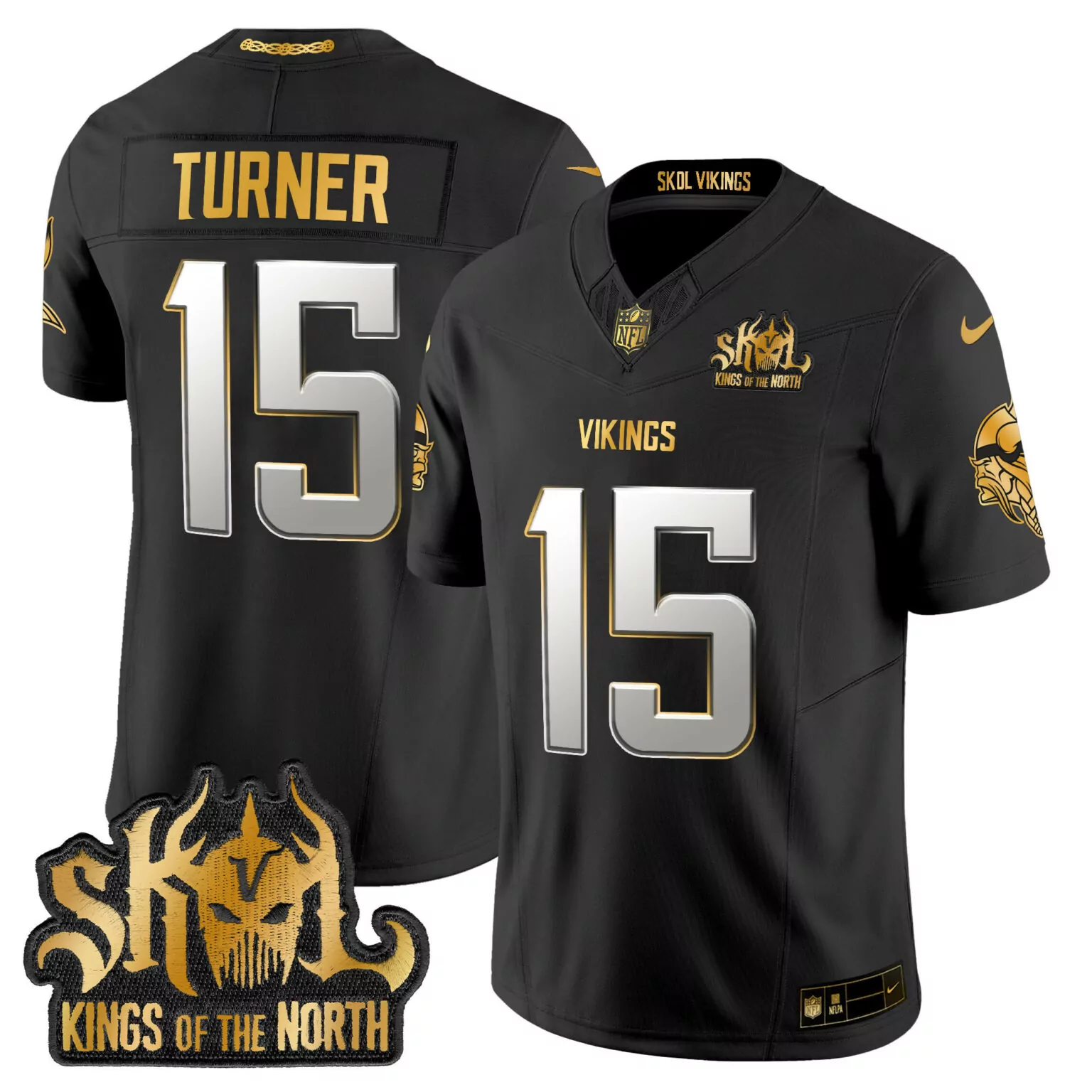 Dallas Turner 15 Vikings Jersey Black Skol Kings Of The North Men Replica Gold Silver