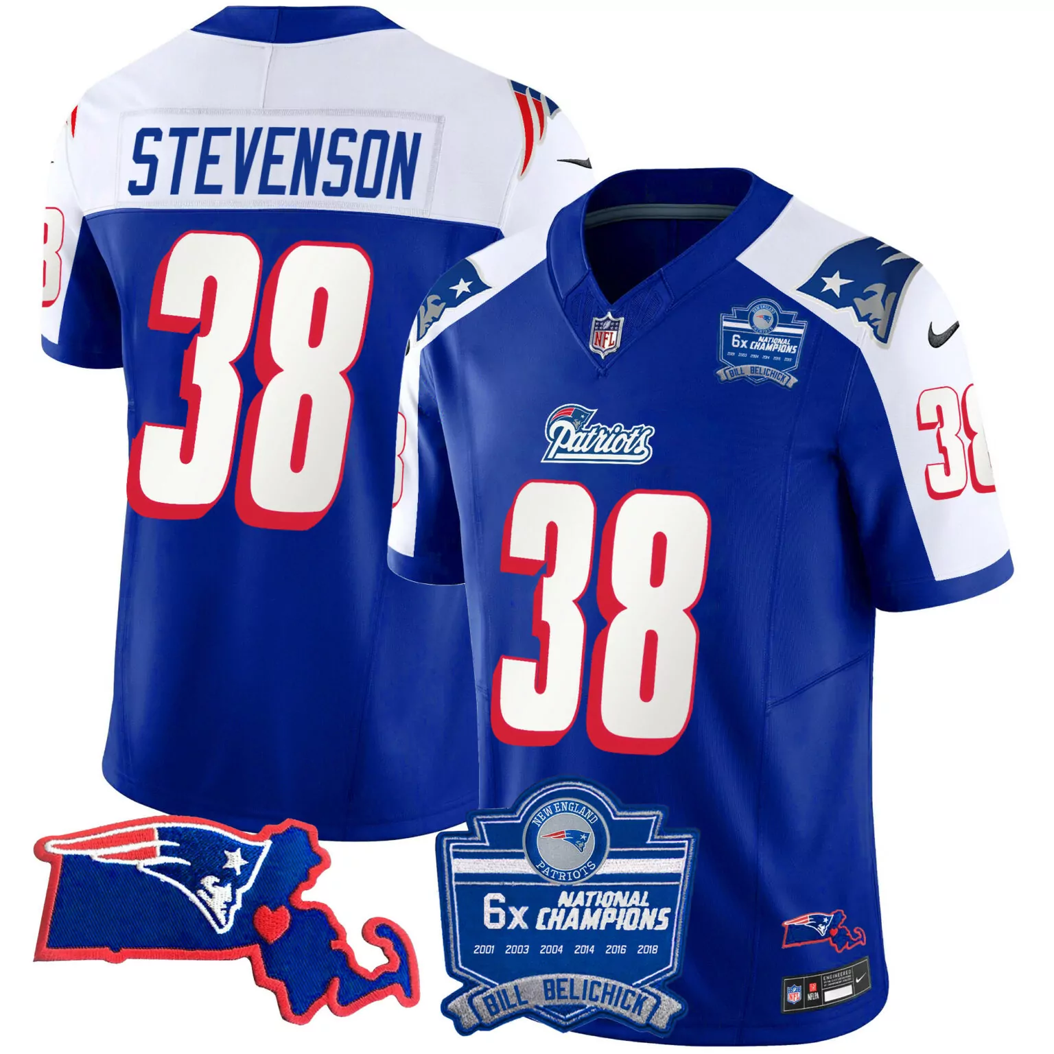 Rhamondre Stevenson 38 Jersey Blue 6x National Champions New England Patriots Bill Belichick Massachusetts State Outline 2021