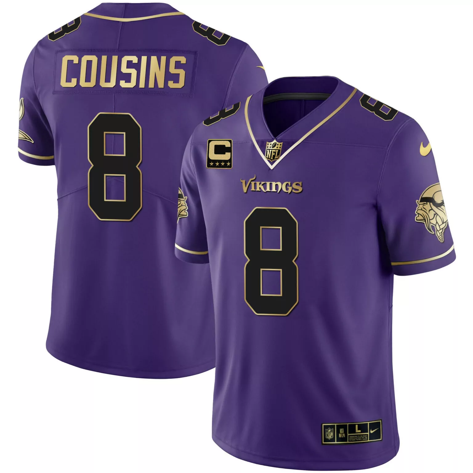 Kirk Cousins 8 Vikings Jersey Purple Captain's Men Game Gold Black All Stitched