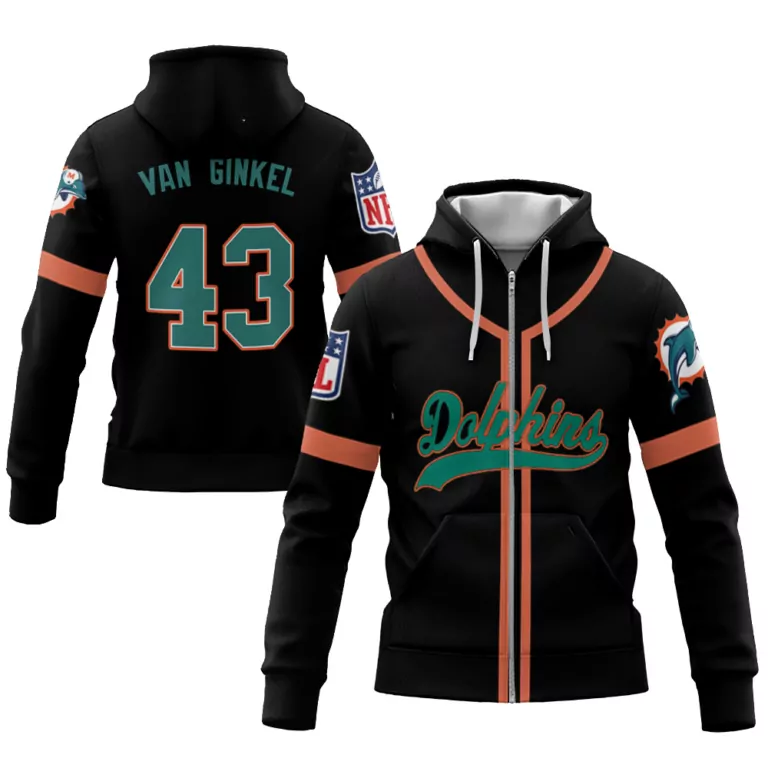Kevin Ginkel 43 Miami Dolphins Jersey Black Men Full-zip Hoodie Teal Orange Throwback