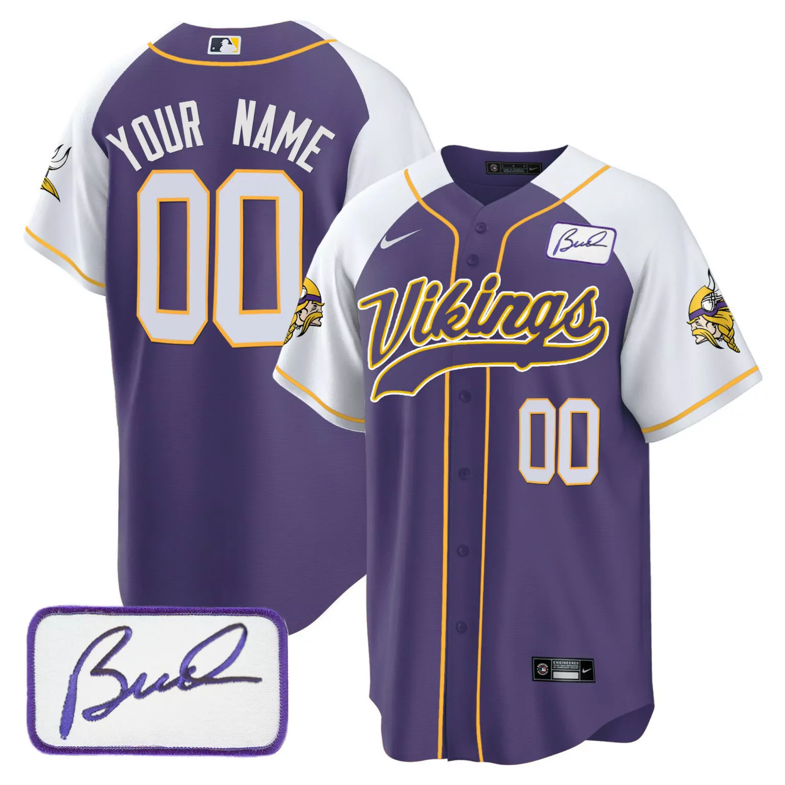 Custom Vikings Jersey Purple Bud Grant Signature Men White Yellow Alternate All Stitched