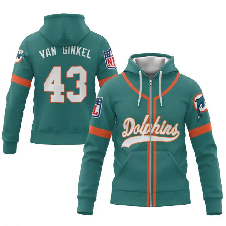 Kevin Ginkel 43 Dolphins Jersey Teal Men Hoodie Orange White Throwback