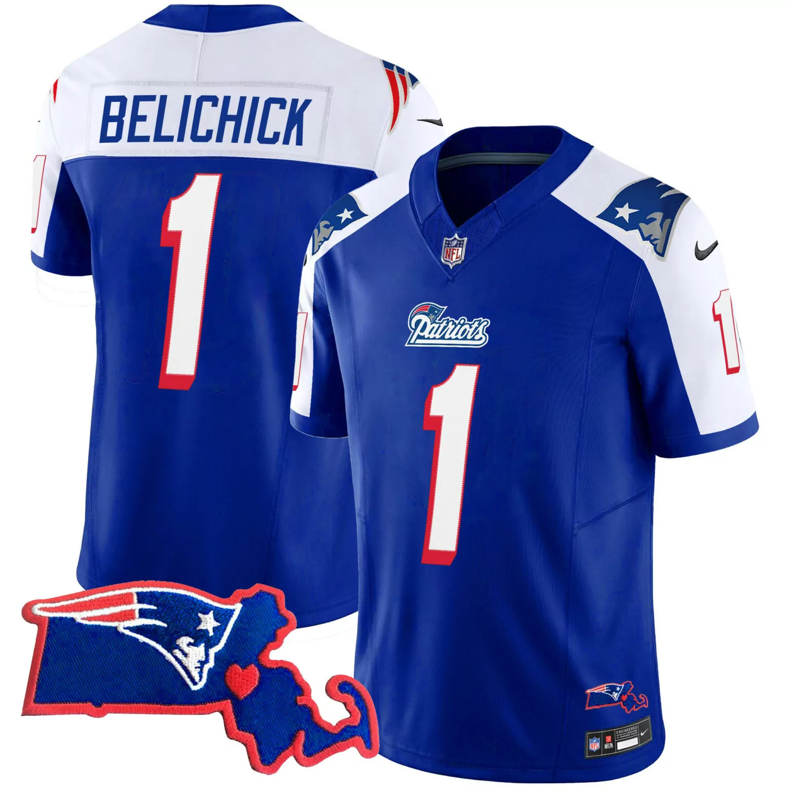 Bill Belichick 1 Patriots Jersey Blue Massachusetts Shape Heart Men White Red Alternate