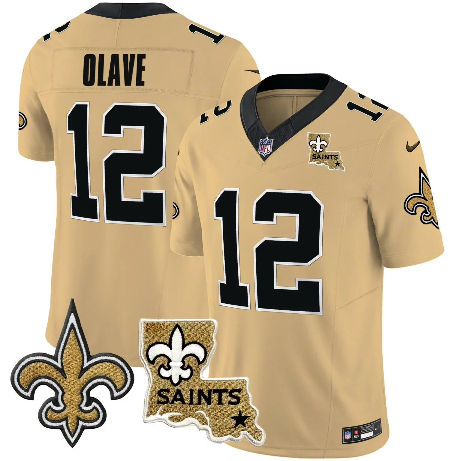 Chris Olave 12 Saints Jersey Gold Fleur-de-lis Louisiana Shape Men Standard Black