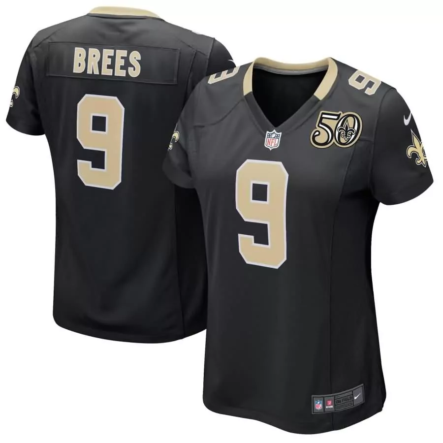 Drew Brees 9 New Orleans Saints Jersey Black 50th Anniversary 2020 Men Standard Gold