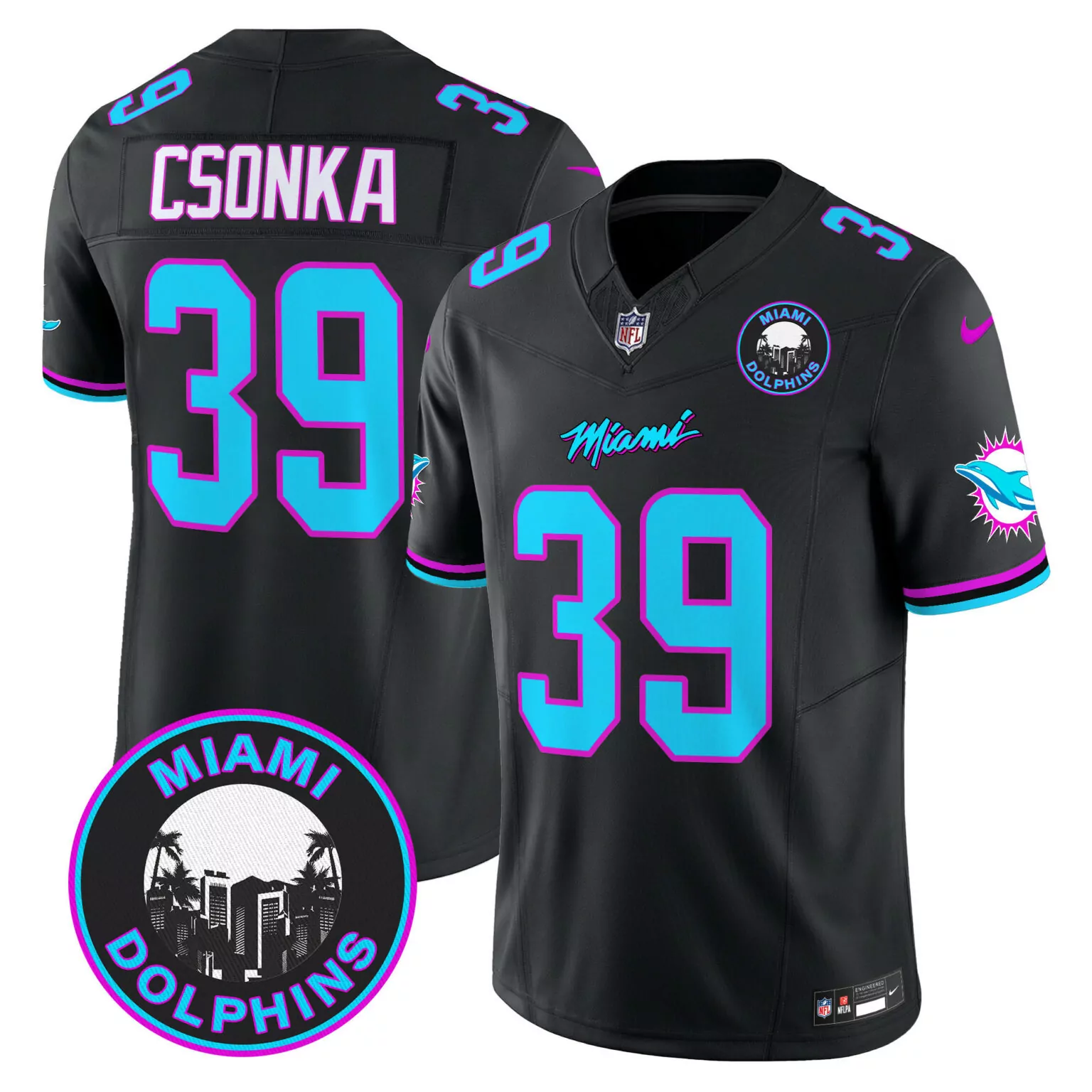 Larry Csonka 39 Miami Dolphins Jersey Black Nostalgia Men Alternate Aqua Pink v3