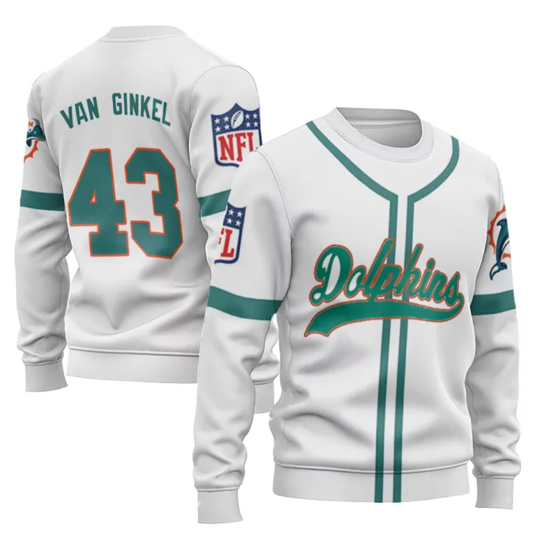 Kevin Ginkel 43 Dolphins Jersey White Men Crewneck Sweatshirt Teal Throwback
