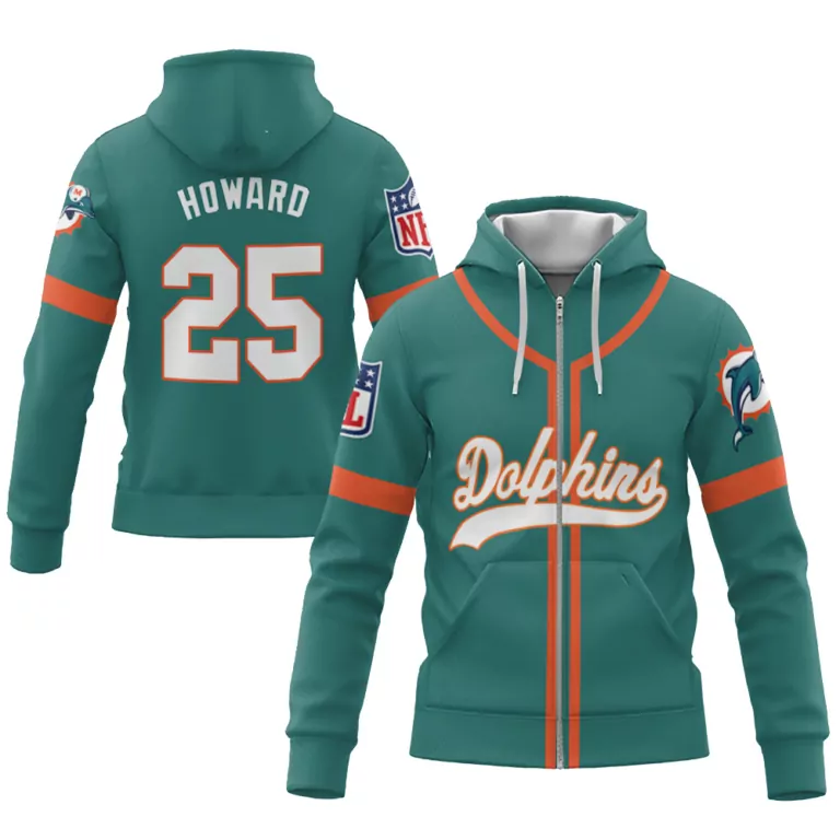Howard 25 Miami Dolphins Jersey Teal Men Hoodie Orange Throwback