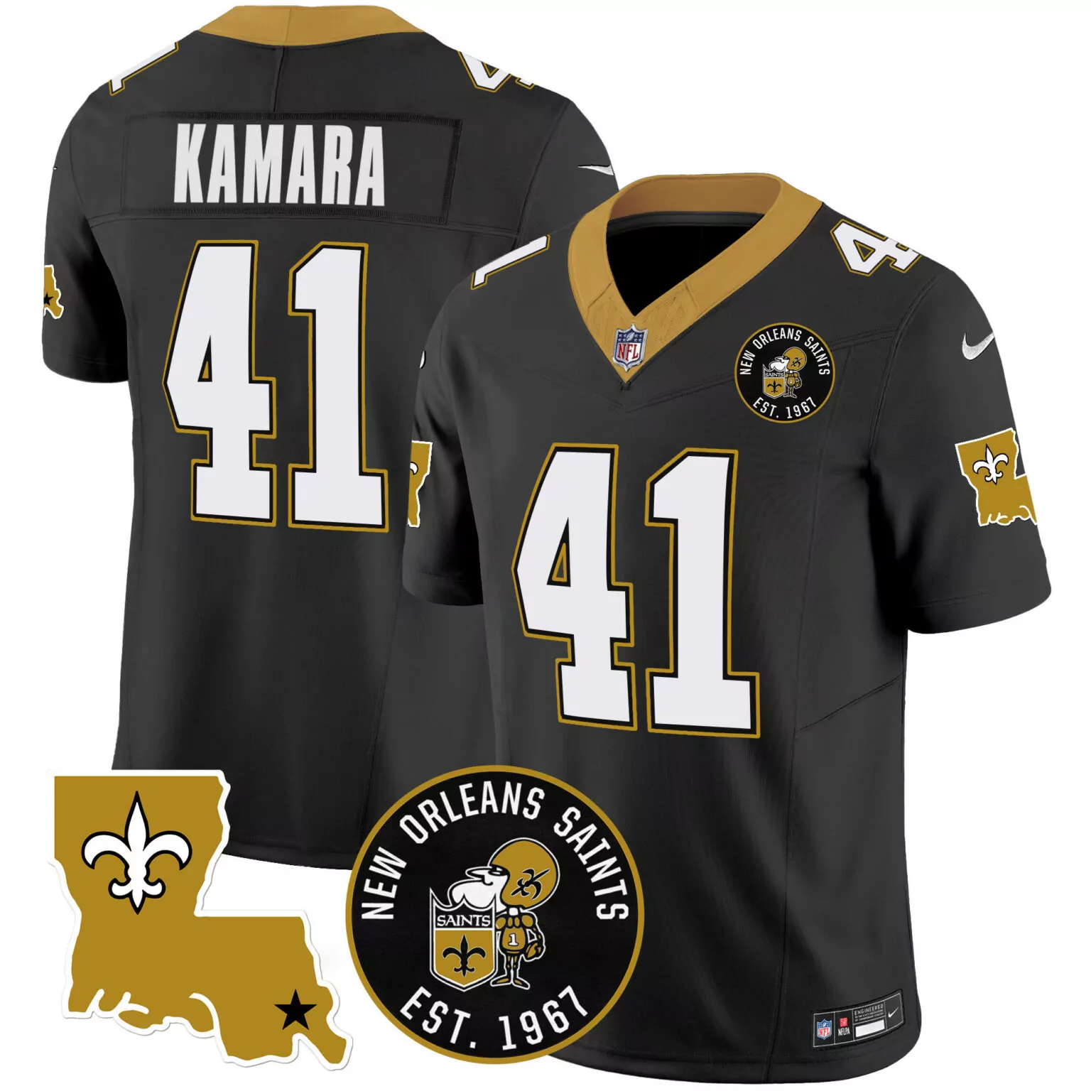 Alvin Kamara 41 Jersey Black New Orleans Saints Nflpa Men Player Gold White All Stitched