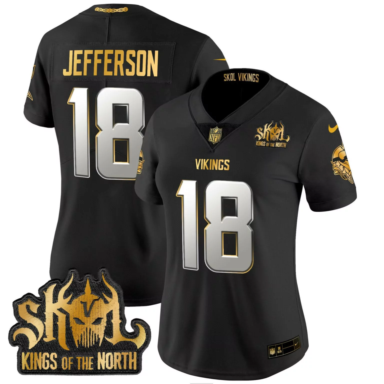 Justin Jefferson 18 Vikings Jersey Black Skol Kings Of The North Men Gold Silver