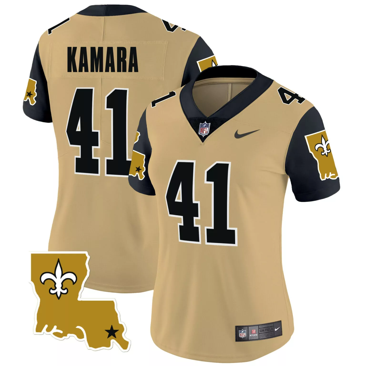 Alvin Kamara 41 Jersey Gold New Orleans Saints Women Player Black Legacy v2 All Stitched