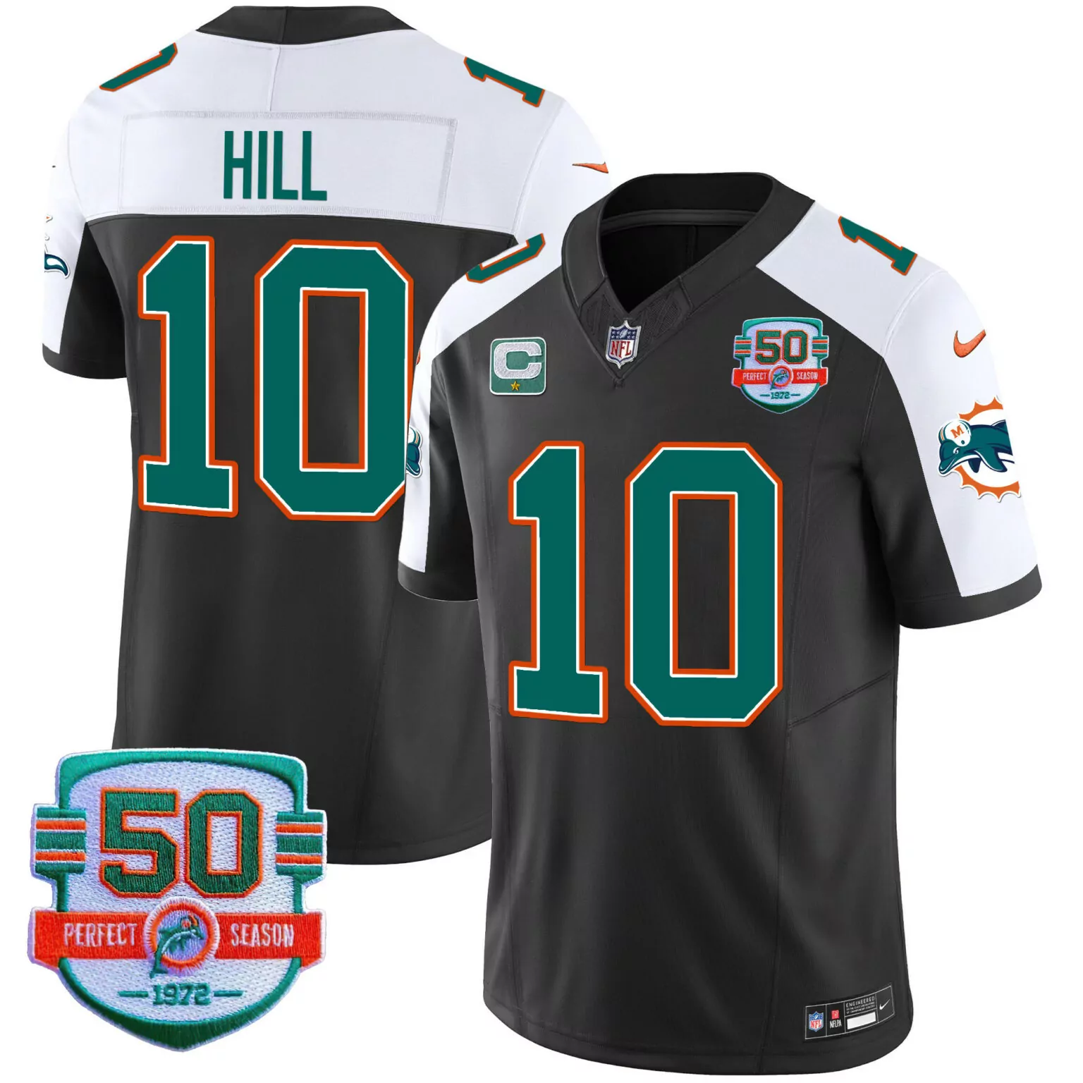 Tyreek Hill 10 Miami Dolphins Jersey Black 50th Perfect Season 1972 Men Alternate