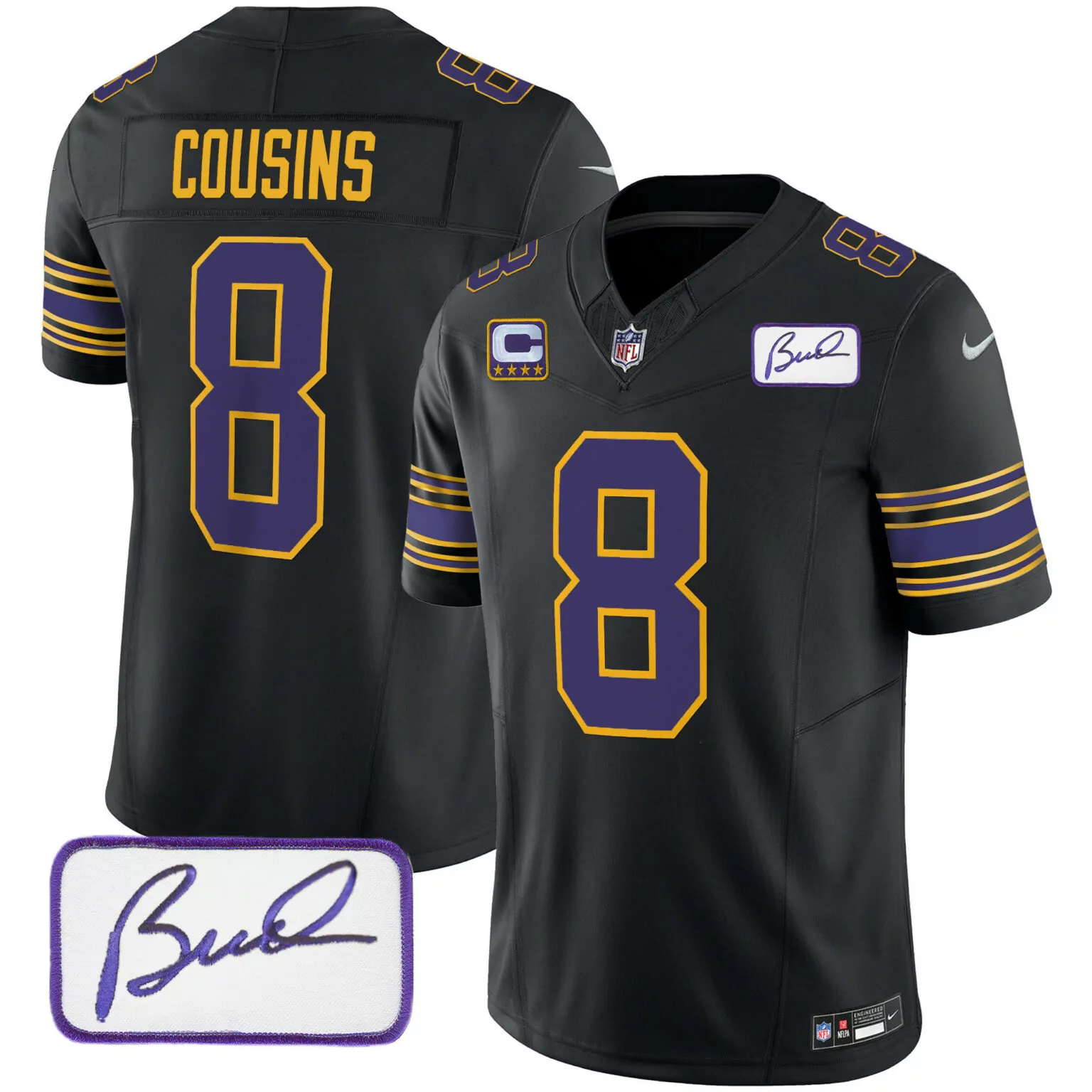 Kirk Cousins 8 Minnesota Vikings Jersey Black "c" Player Autograph Men Replica Purple
