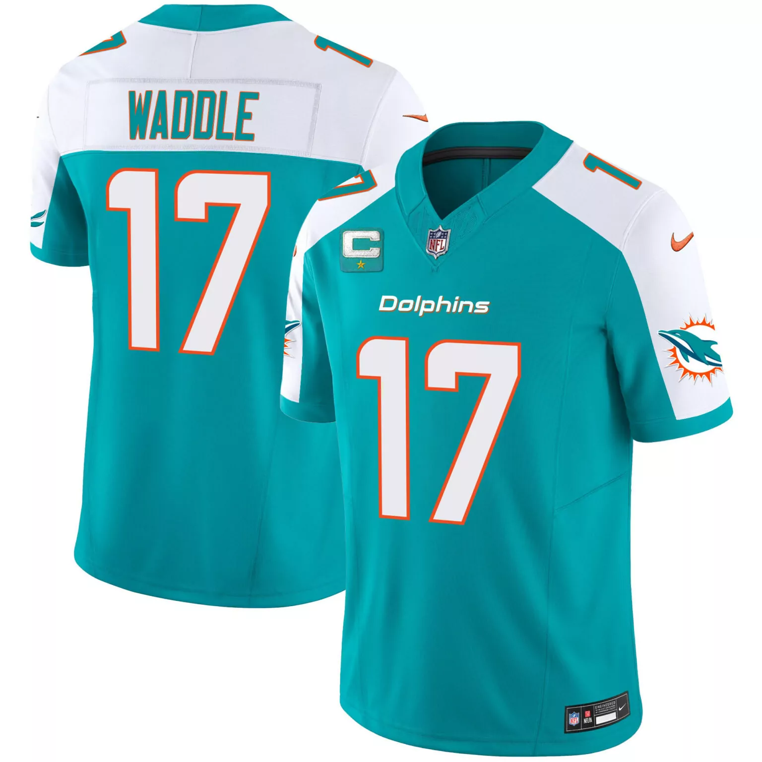 Jaylen Waddle 17 Dolphins Jersey Teal Nflpa Men Game White Orange Alternate v2 All