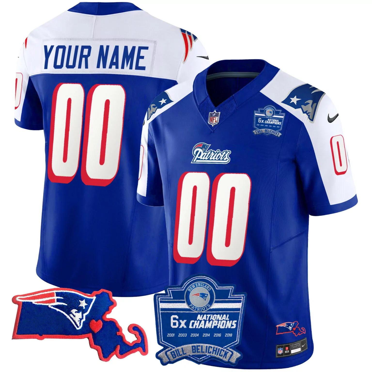 Custom New England Patriots Jersey Blue 6x National Champions Massachusetts State Shape
