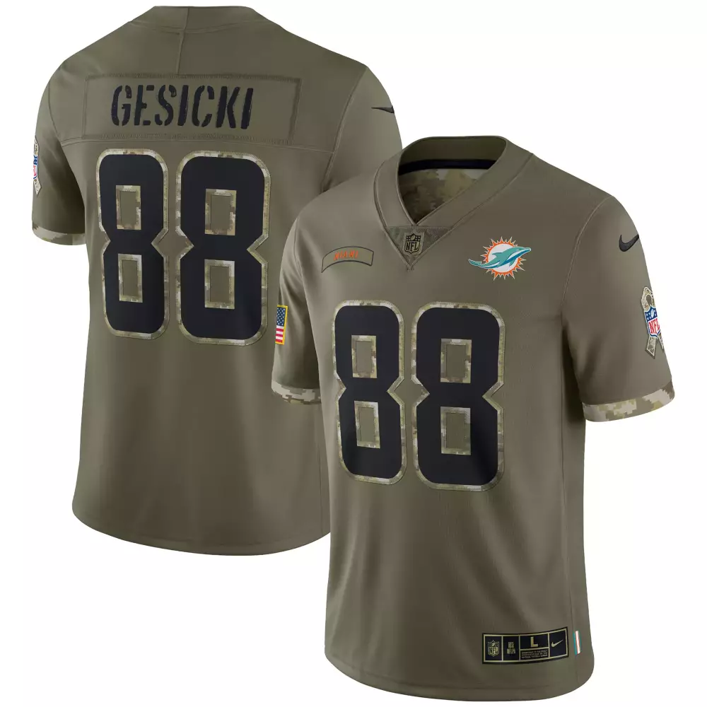 Mike Gesicki 88 Miami Dolphins Jersey Olive Green Salute To Service American Flag Players Association