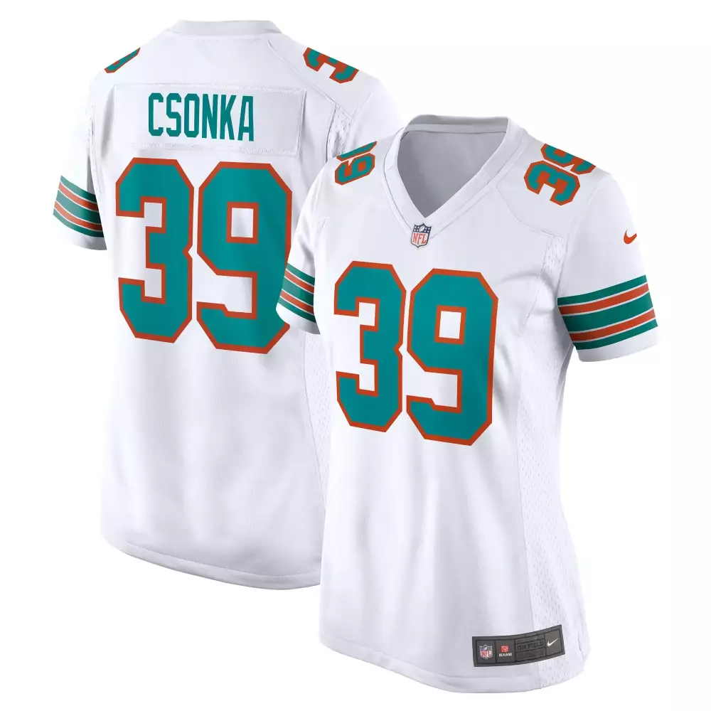 Larry Csonka 39 Miami Dolphins Jersey White Women Official Aqua Orange Retired
