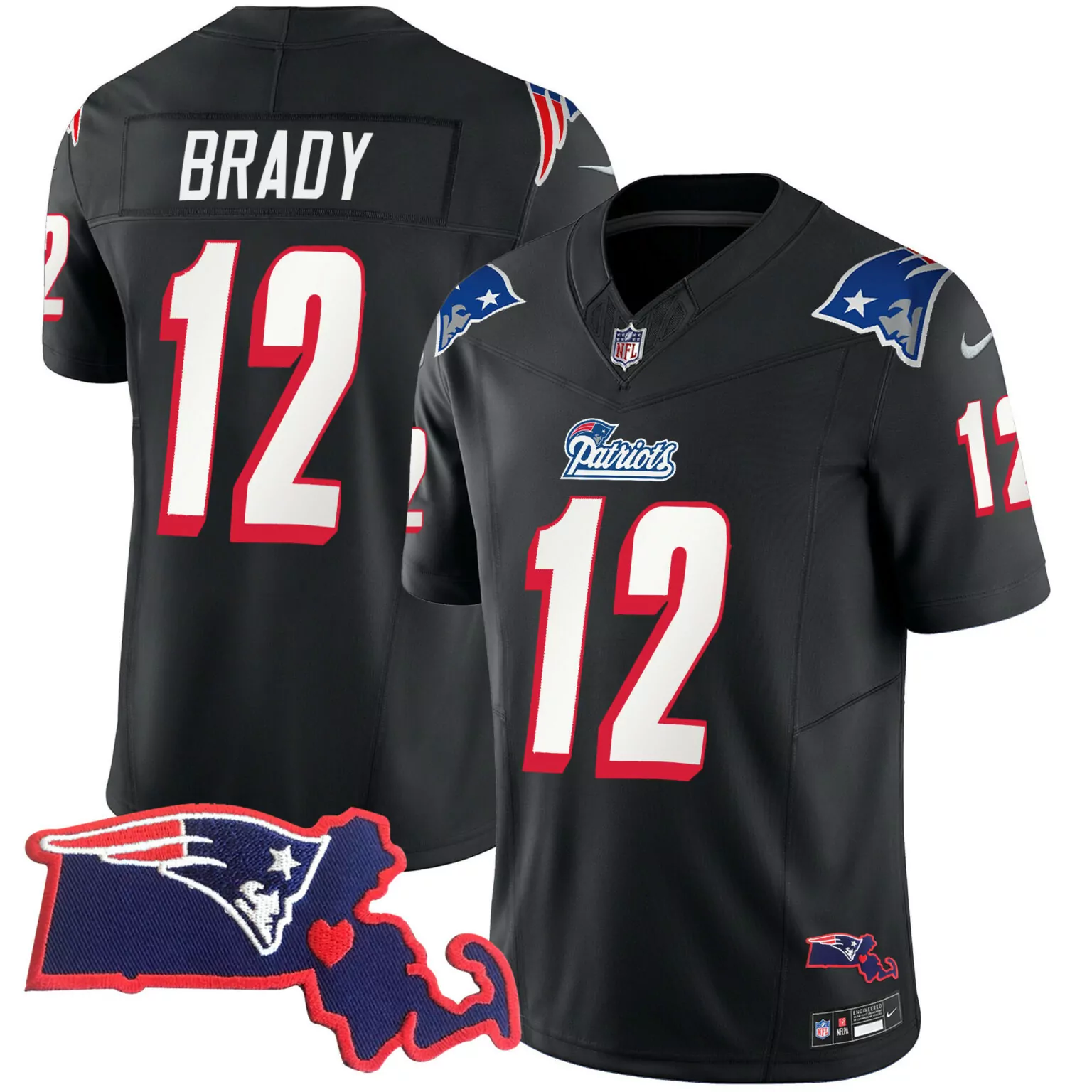 Tom Brady 12 New England Patriots Jersey Black Massachusetts State Outline Heart