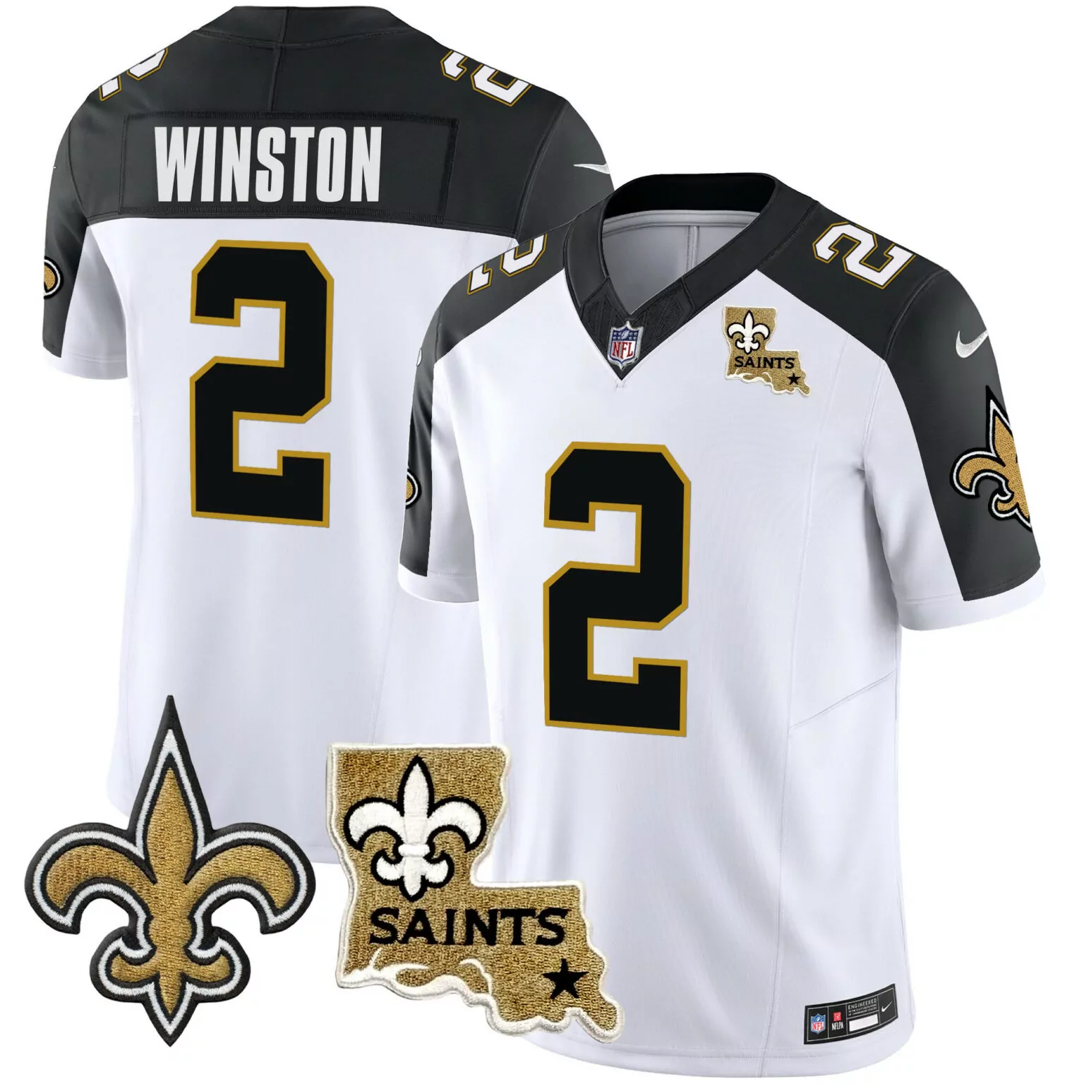 Jameis Winston 2 Jersey White New Orleans Saints Fleur-de-lis Louisiana State Outline