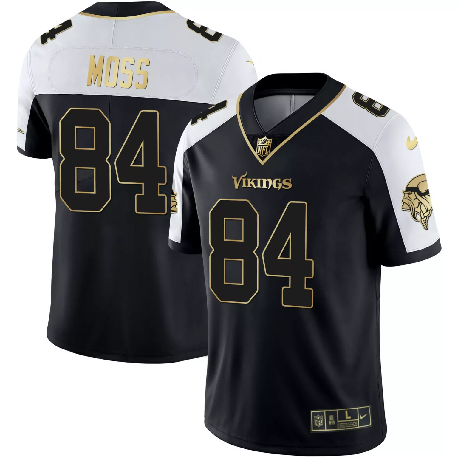 Randy Moss 84 Vikings Jersey Black Men Split Design White Gold Alternate All Stitched