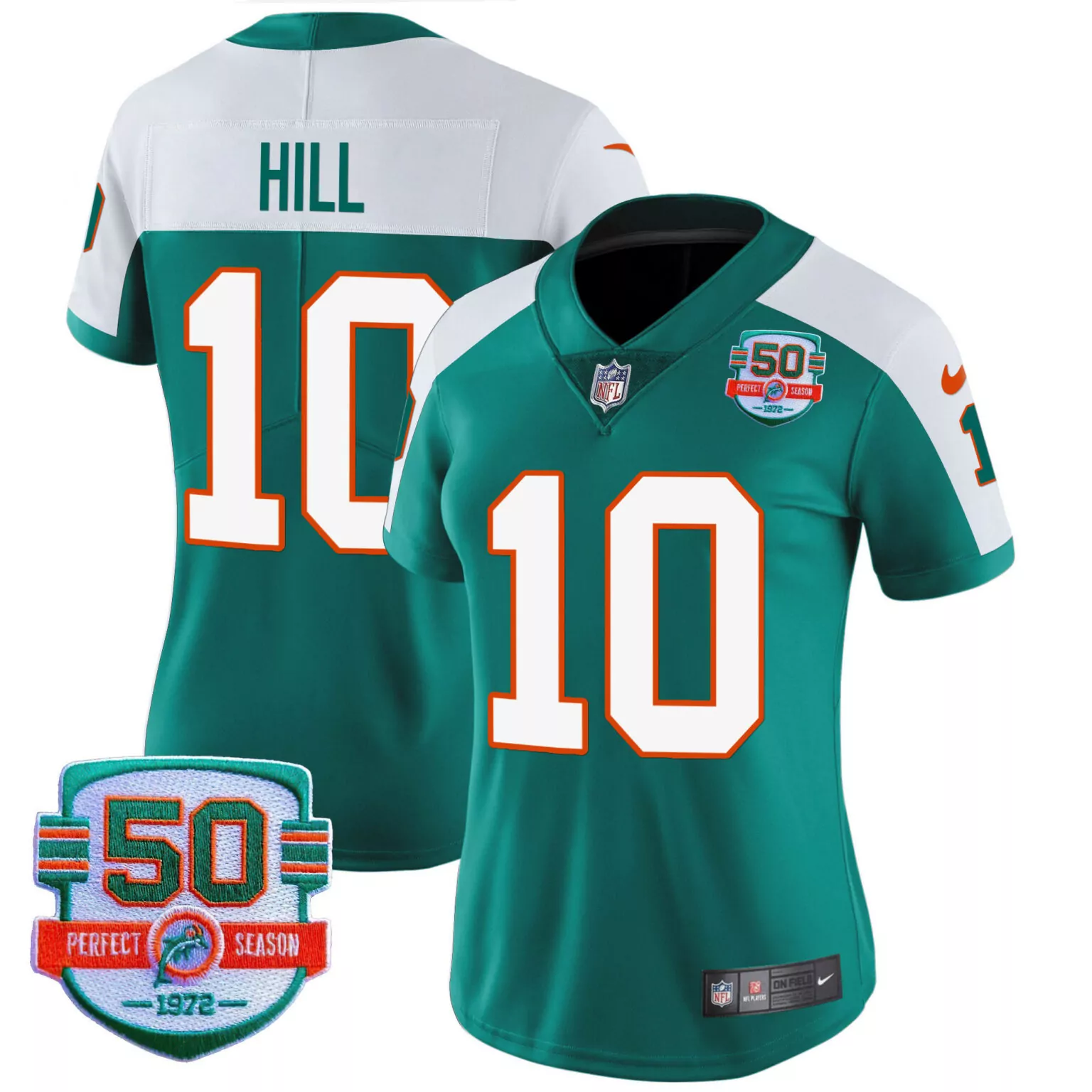 Tyreek Hill 10 Miami Dolphins Jersey Teal 50th Perfect Season 1972 Women White Orange