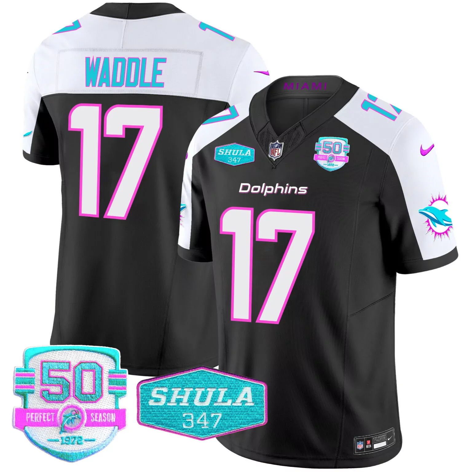 Jaylen Waddle 17 Dolphins Jersey Black 50th Anniversary 50 Perfect Season 1972 Shula 347 2022