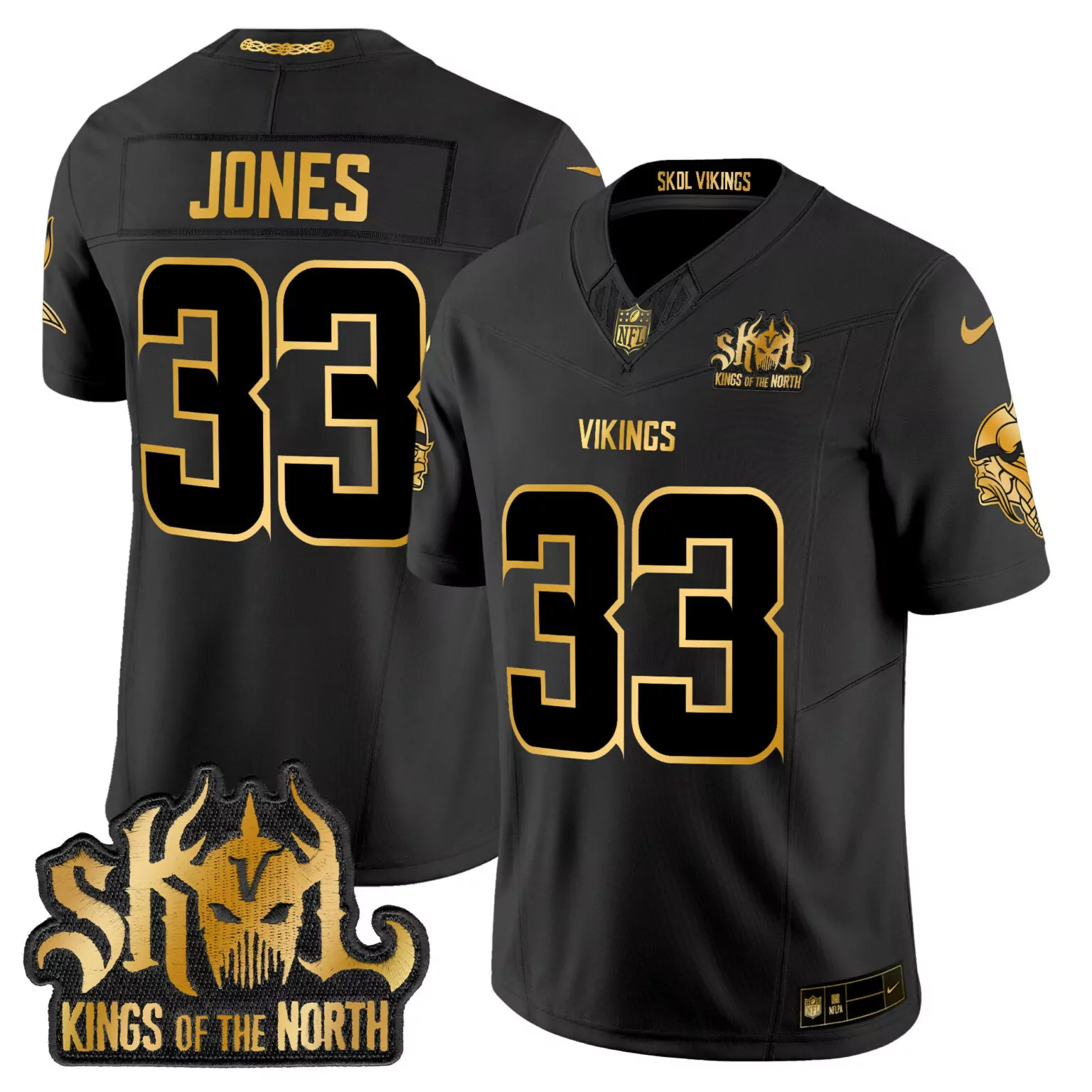 Aaron Jones 33 Vikings Jersey Black Skol Kings North Men Game Gold All Stitched