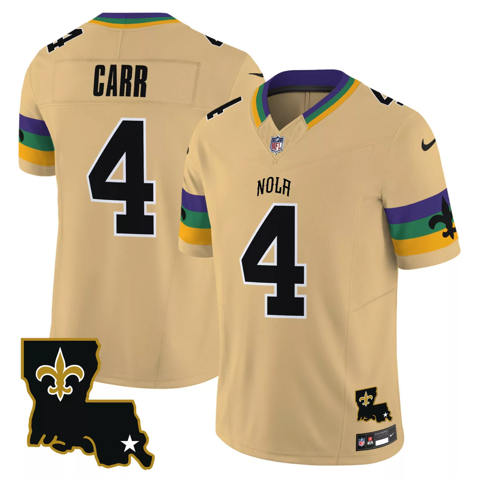 Derek Carr 4 New Orleans Saints Jersey Gold Louisiana Outline Fleur-de-lis Men Alternate