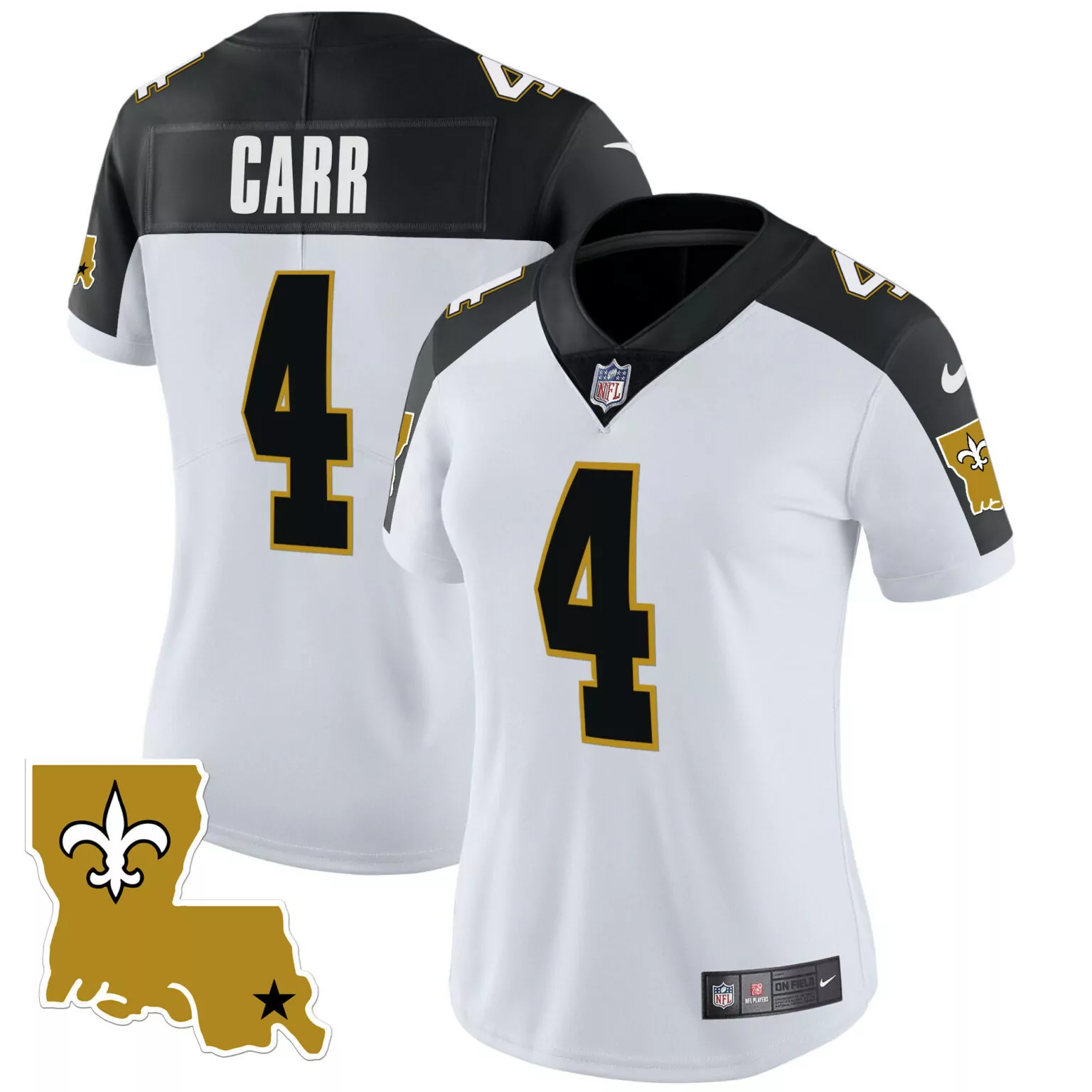 Derek Carr 4 Saints Jersey White Louisiana 2023 Women Game Alternate Black Gold Legacy
