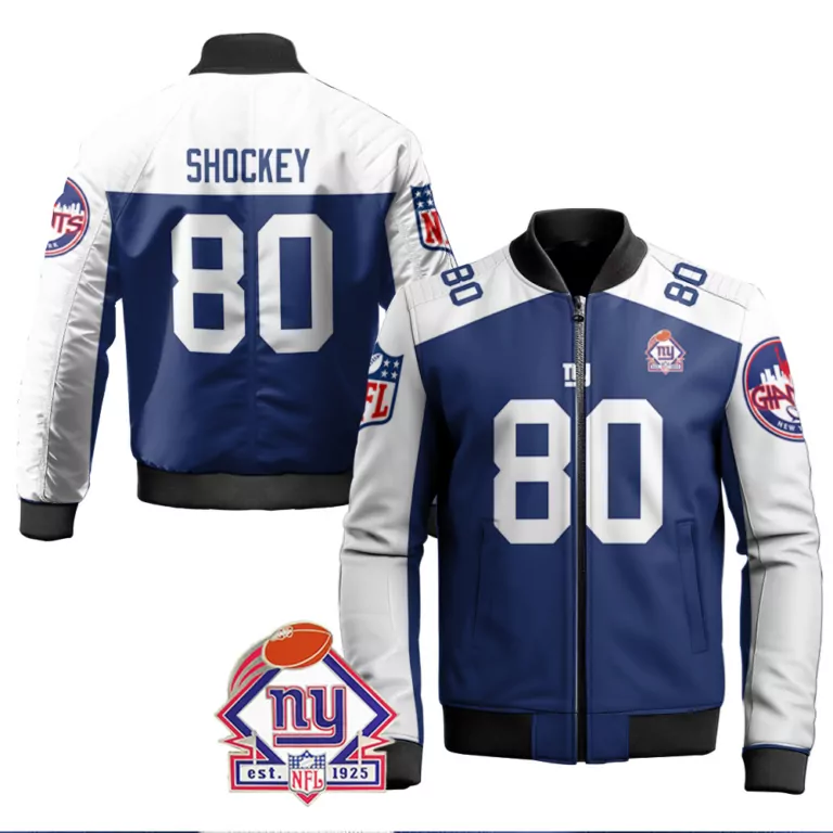 Jeremy Shockey 80 New York Giants Jersey Blue NY Men Bomber Jacket White Vapor Limited