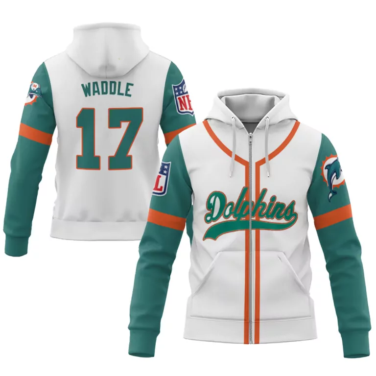 Jaylen Waddle 17 Miami Dolphins Jersey White Men Zip-up Hoodie Teal Orange Throwback