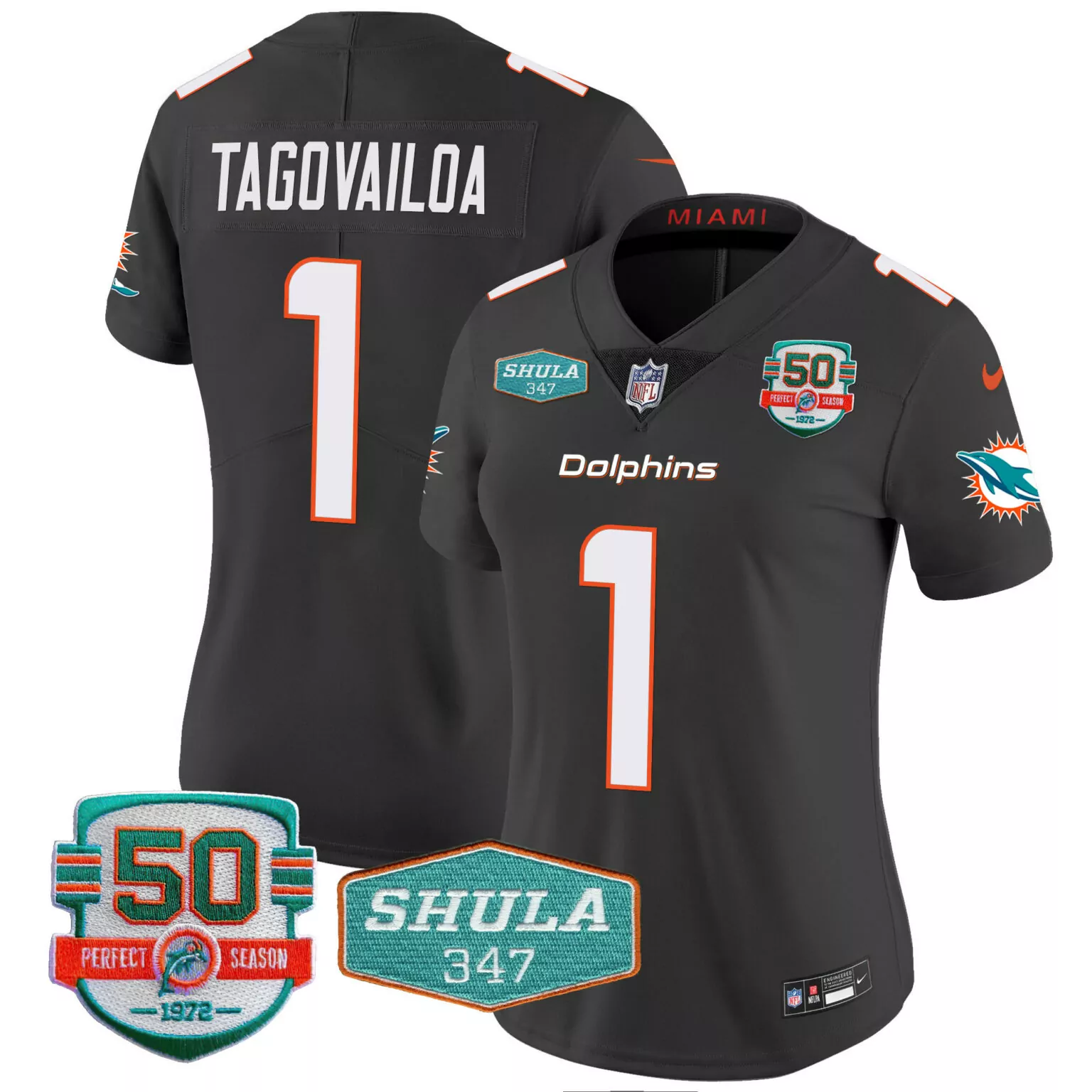 Tua Tagovailoa 1 Dolphins Jersey Charcoal 50th Perfect Season 1972 Shula 347 Men