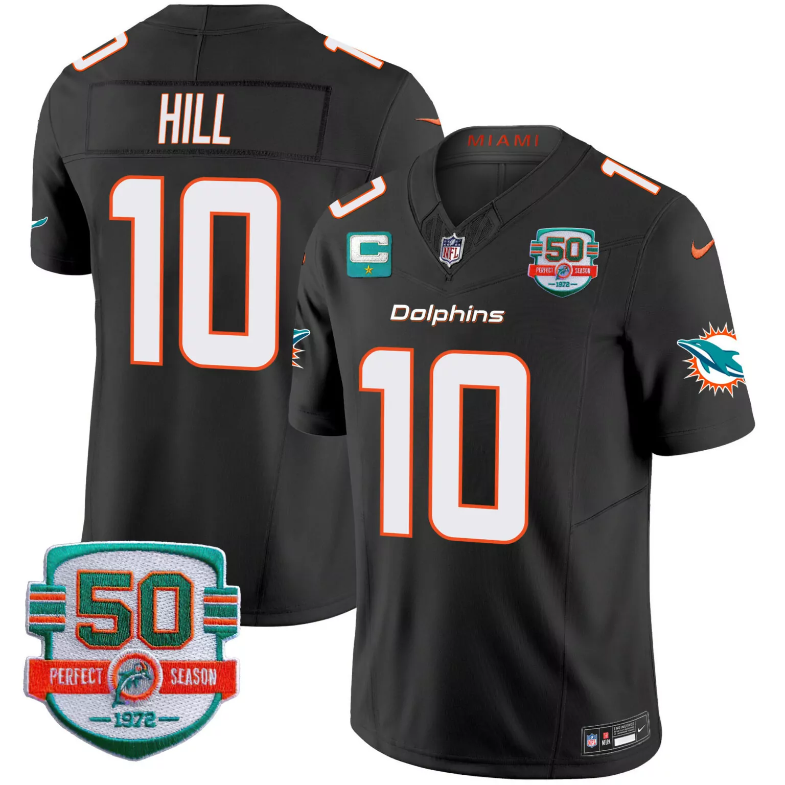 Tyreek Hill 10 Miami Dolphins Jersey Black 50th Anniversary Perfect Season 50 1972