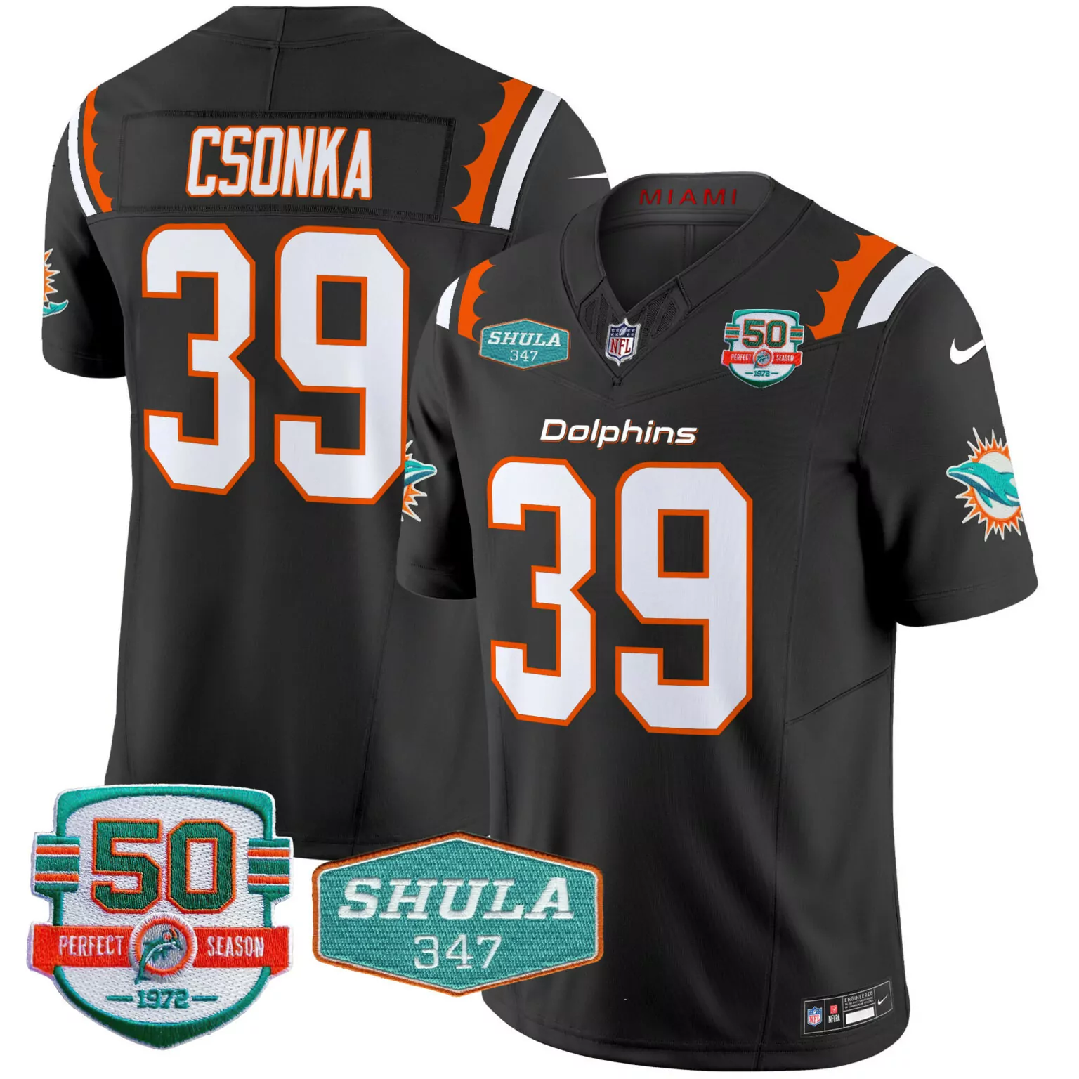 Larry Csonka 39 Miami Dolphins Jersey Black 50th Season Perfect Shula 347 1972 Men