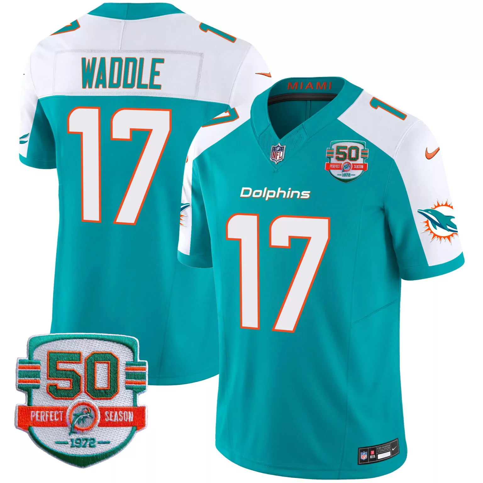 Jaylen Waddle 17 Dolphins Jersey Teal 50th Perfect Season 1972 Men Replica White