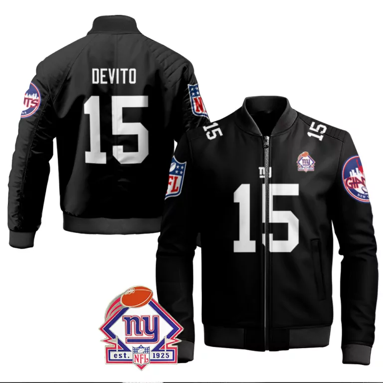 Tommy Devito 15 New York Giants Jersey Black NY Men Bomber Jacket White Vapor Limited