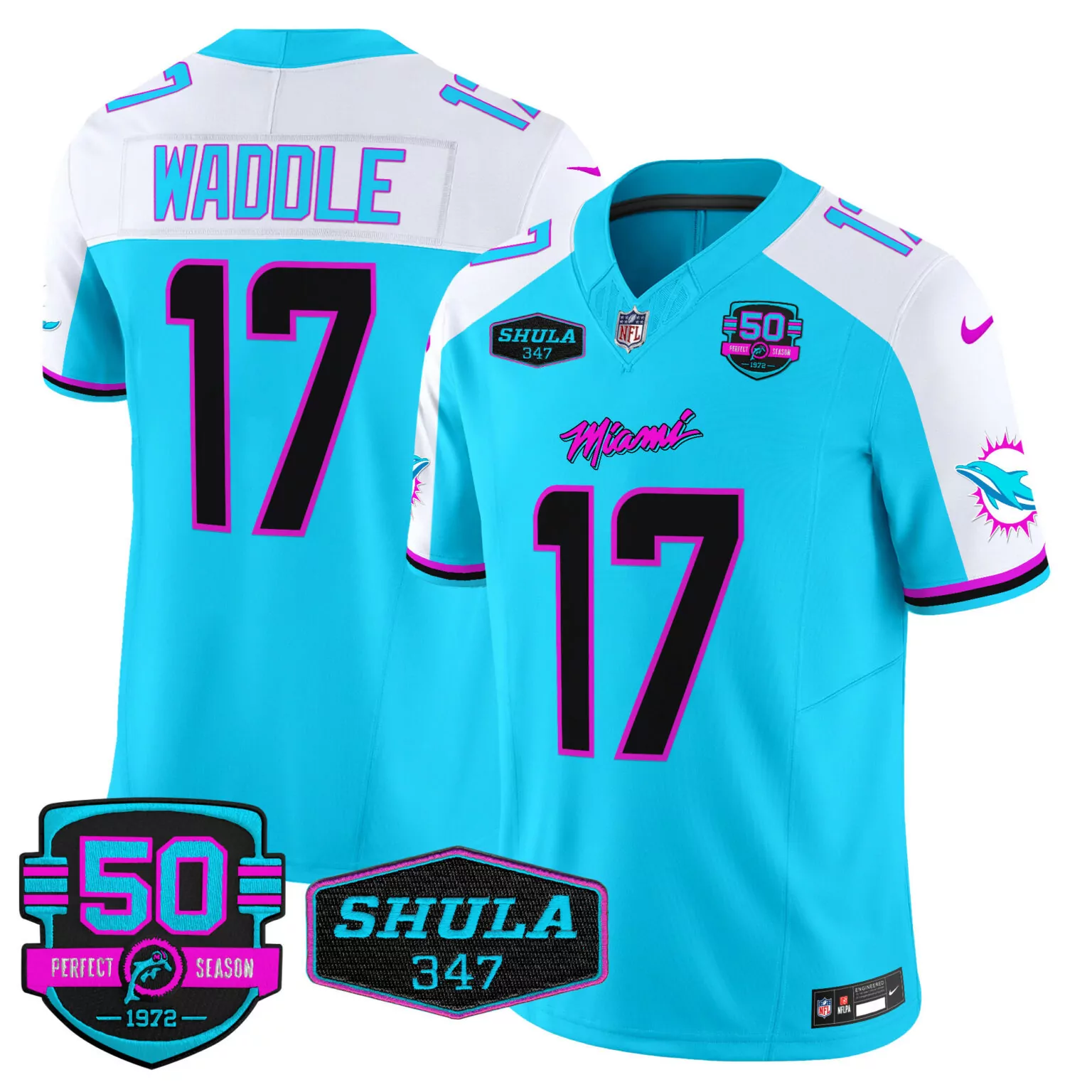 Jaylen Waddle 17 Miami Dolphins Jersey Aqua 50th Anniversary 50 Perfect Season 1972 Shula 347