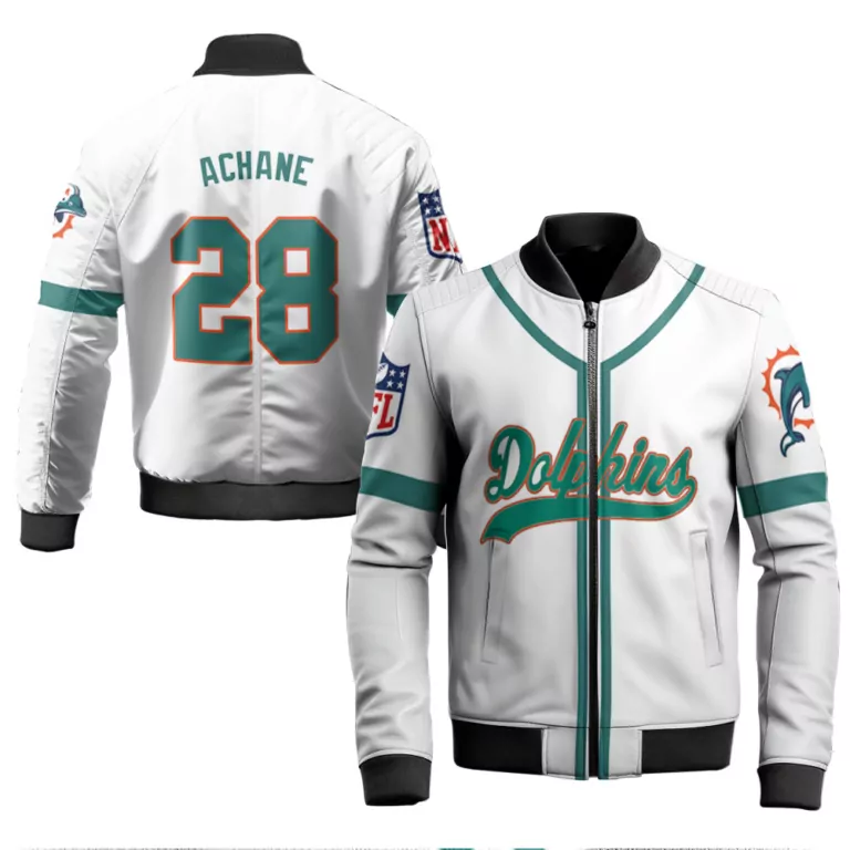 De'von Achane 28 Dolphins Jersey White Men Bomber Jacket Teal Orange Throwback