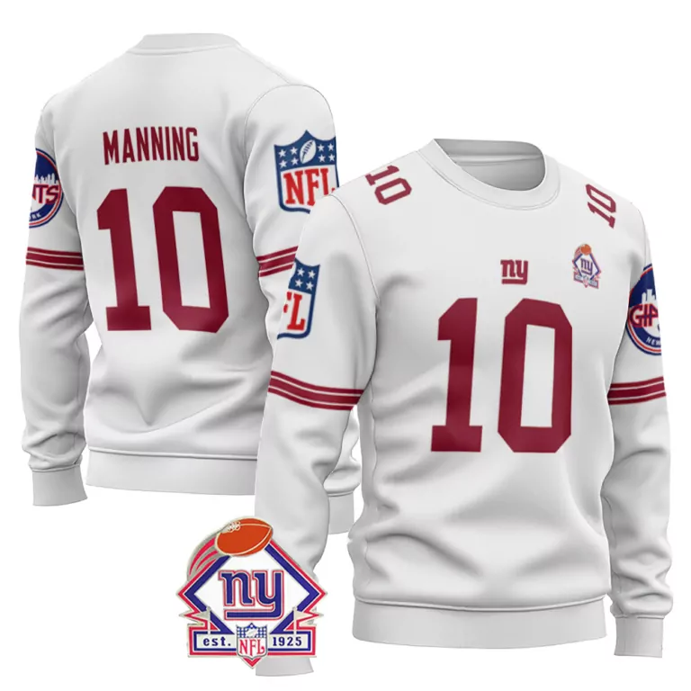 Eli Manning 10 New York Giants Jersey White NY Men Crewneck Sweatshirt Red Vapor