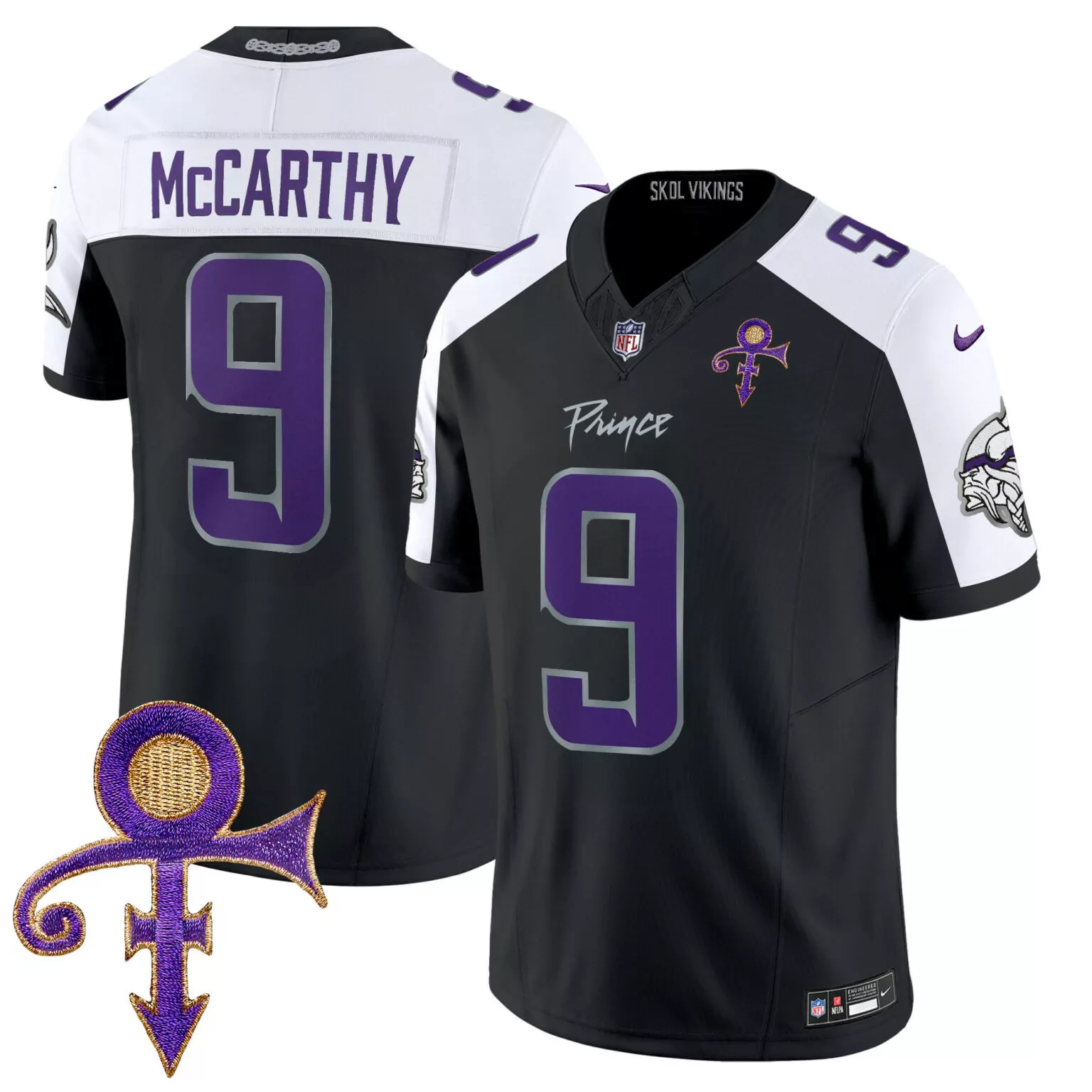 Jj Mccarthy 9 Vikings Jersey Black Prince Tribute Symbol Men Split Design White Purple