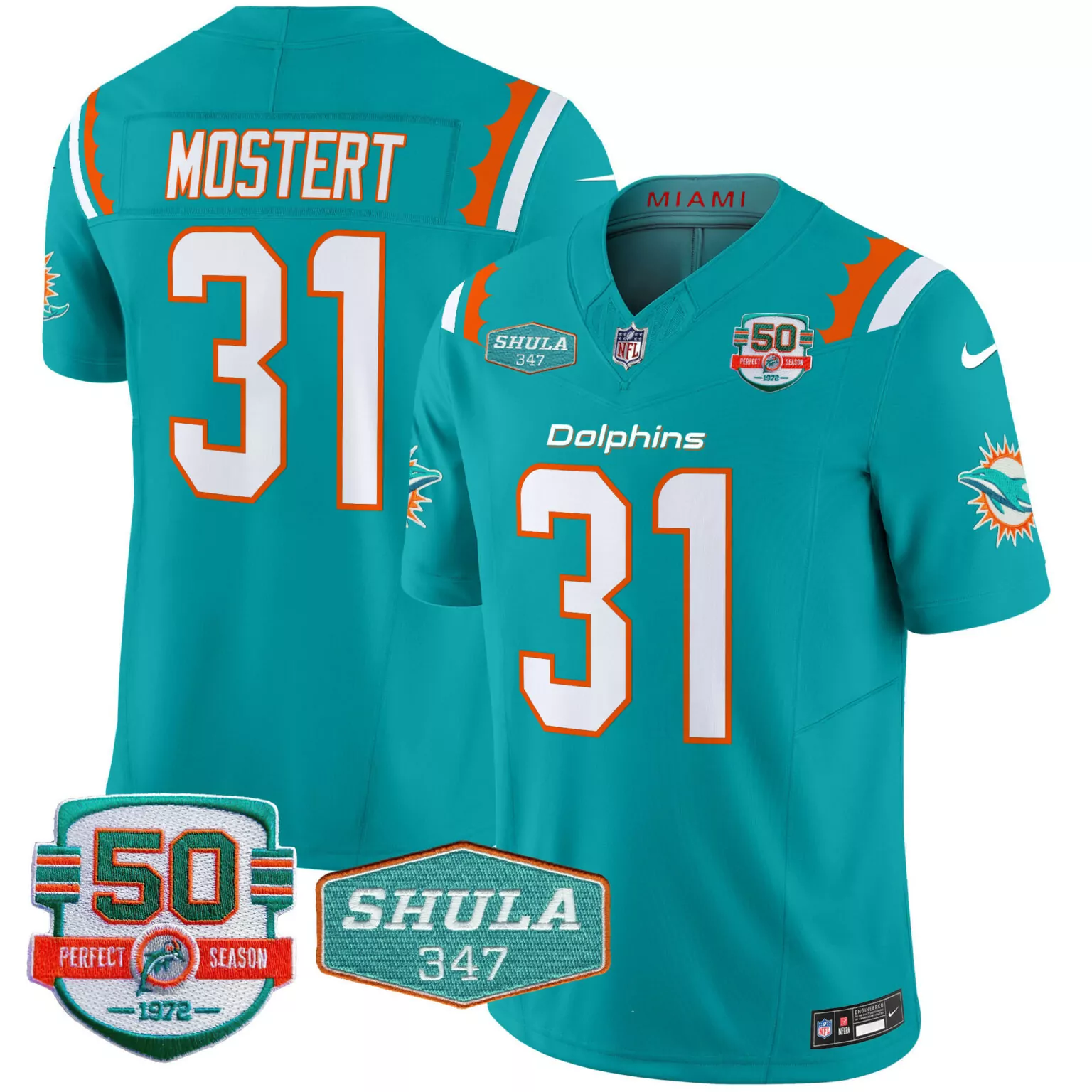 Raheem Mostert 31 Dolphins Jersey Teal 50th Anniversary 50 Perfect Season 1972 Shula 347