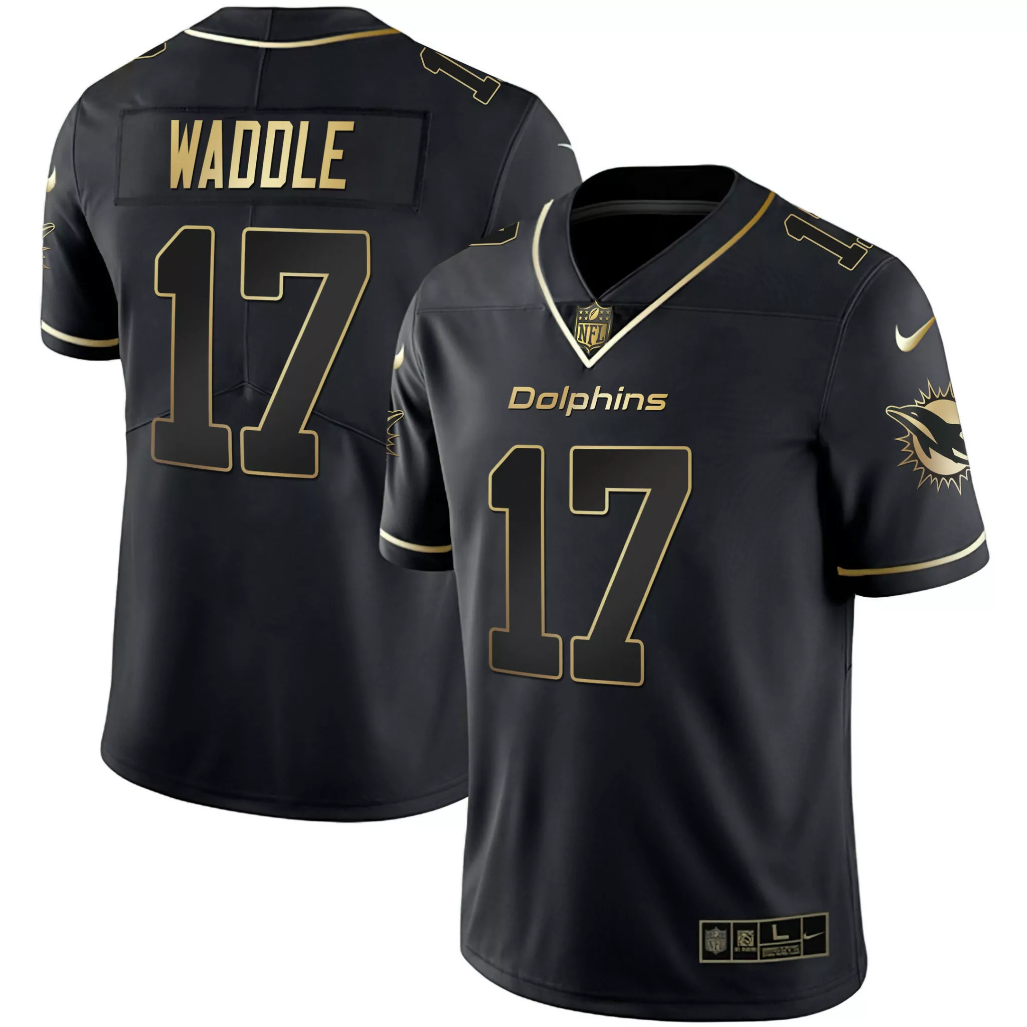 Jaylen Waddle 17 Dolphins Jersey Black Men Standard Gold All Stitched