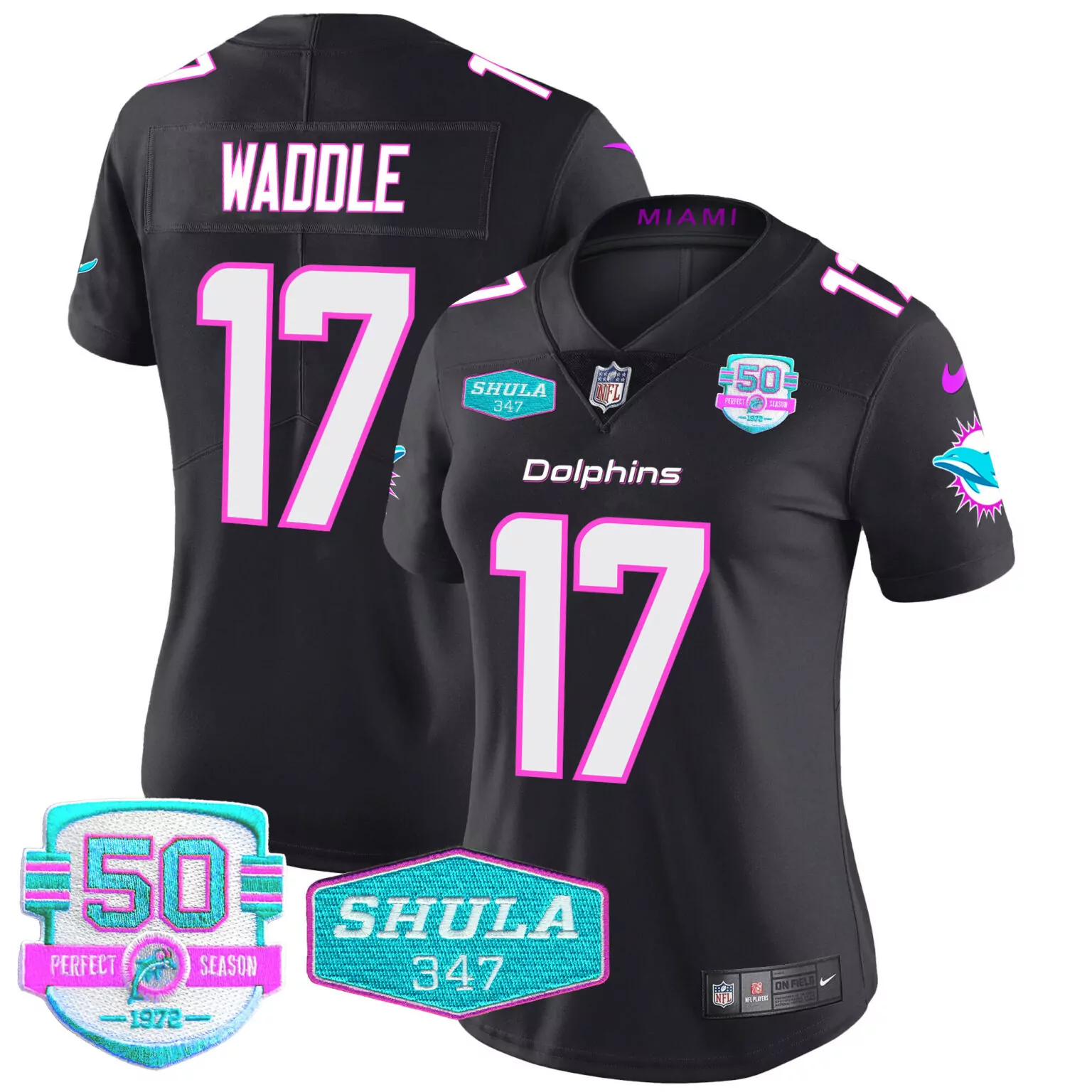 Jaylen Waddle 17 Dolphins Jersey Black 50th Perfect Season 1972 Shula 347 Men Player